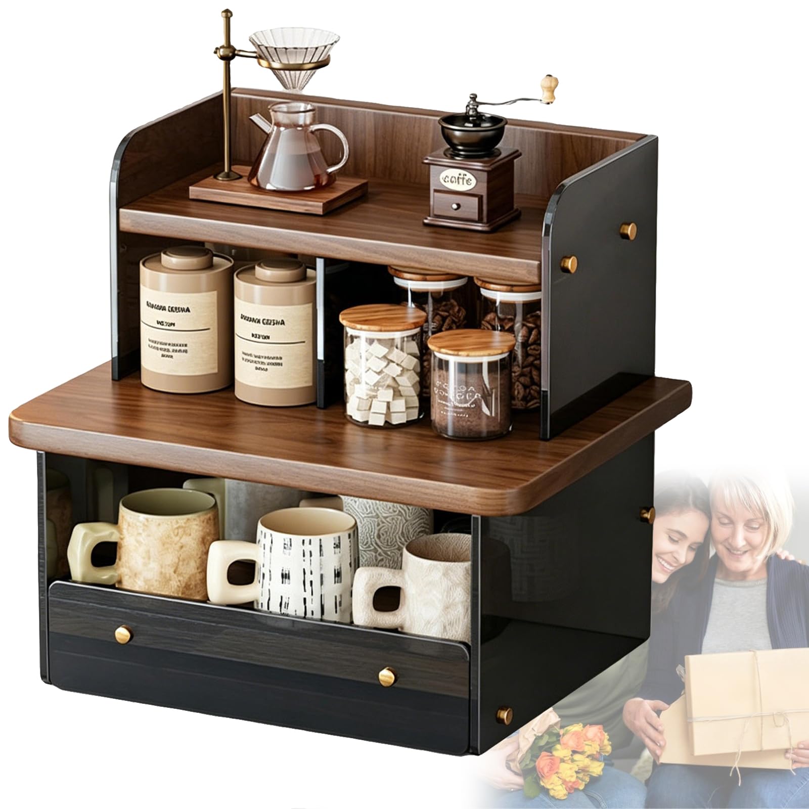 Weyot Acrylic Coffee Cup Display Shelf, Coffee Station Organizer, Home Storage Mugs for Kitchen Countertops, Coffee Bars, for Placing Mugs, Coffee Beans, Syrup, Cups Brown,32x26x35cm