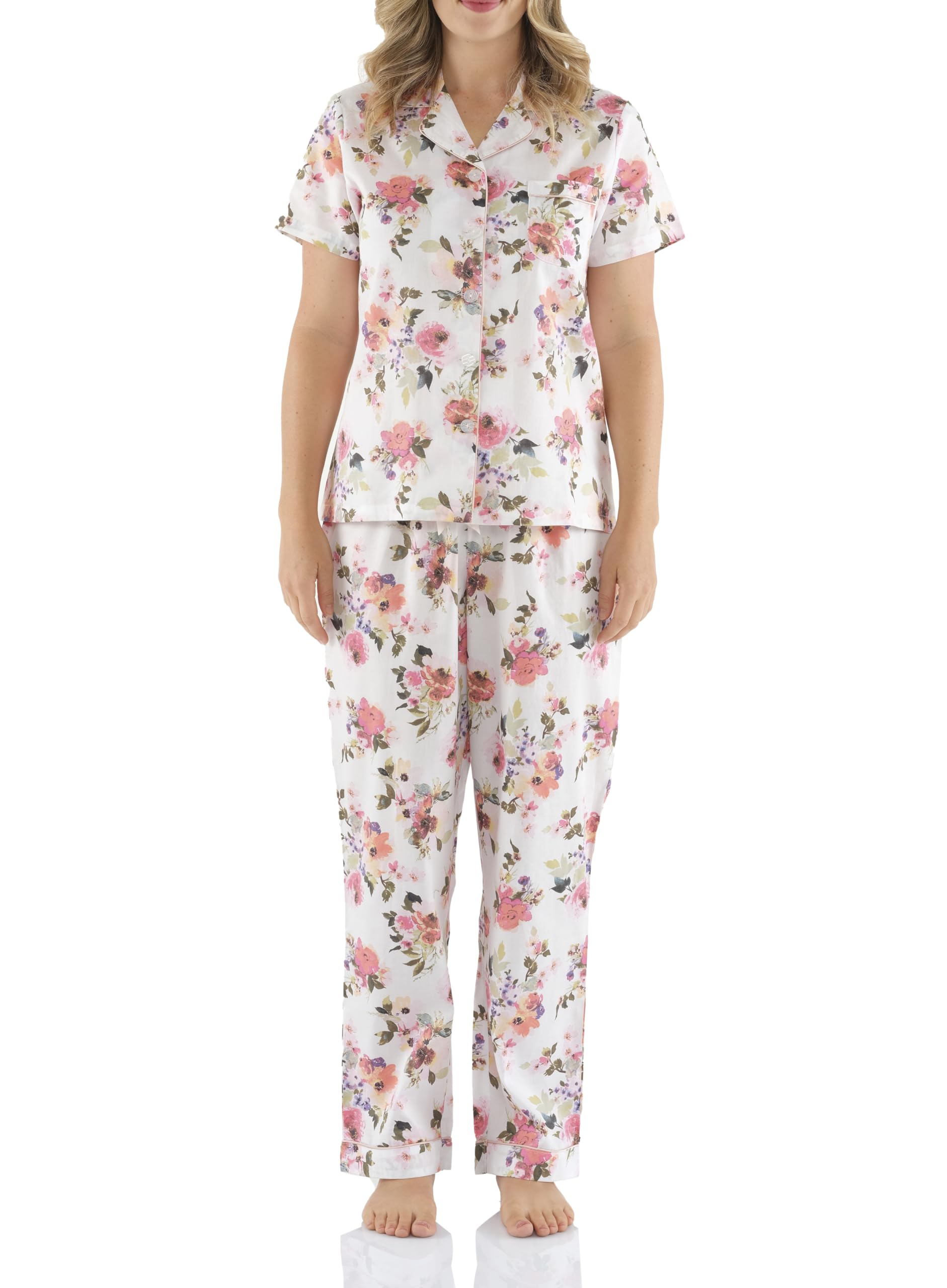 Magnolia Lounge Pyjama Damen – Schlafanzug Damen Lang mit Kurzarm-Top & Langer Hose aus 100% Baumwolle-Satin, Atmungsaktiv, Hautfreundlich, Oeko-TEX Zertifiziert
