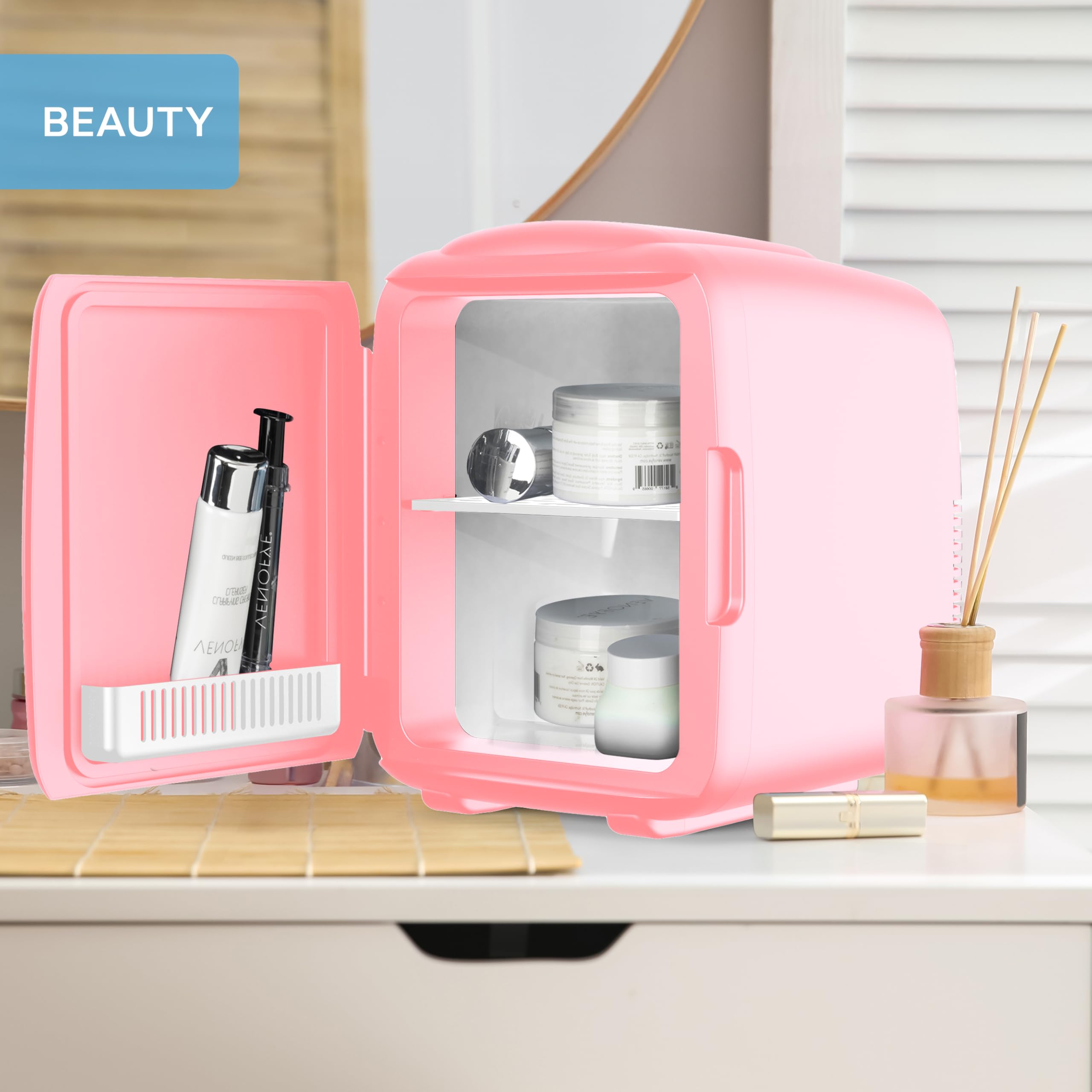 Body Escape Mini Beauty Fridge for Skincare - Birthday Gifts for Her - Retro, Portable, Compact and Quiet Small Fridge for Makeup - 9L - Pink Mono
