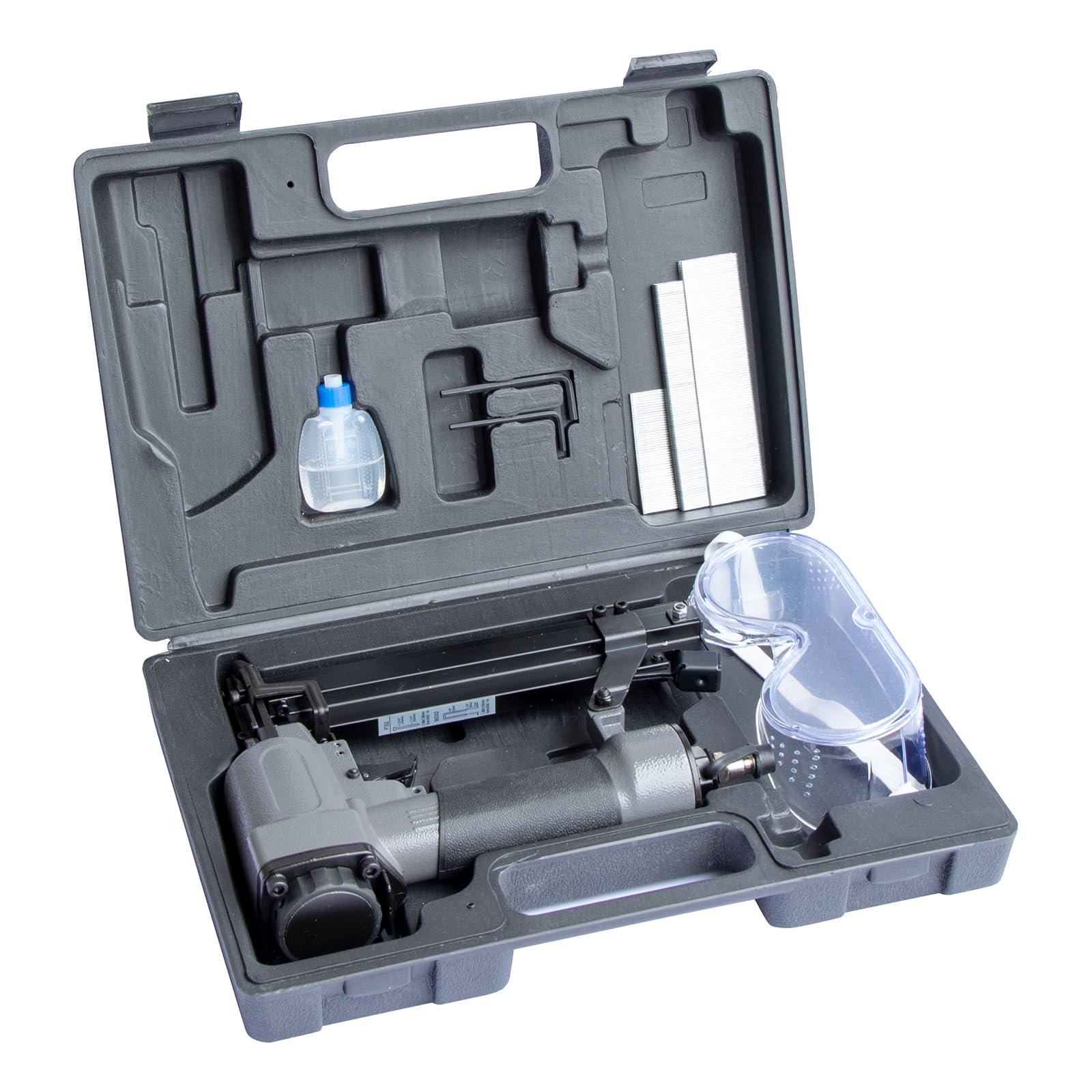 ABAC Kit de grapadora y grapadora combinada, en maletín, incluye grapas de 16-32 mm, clavos de 15-32 mm, 1 par de gafas protectoras, 1 botella de aceite