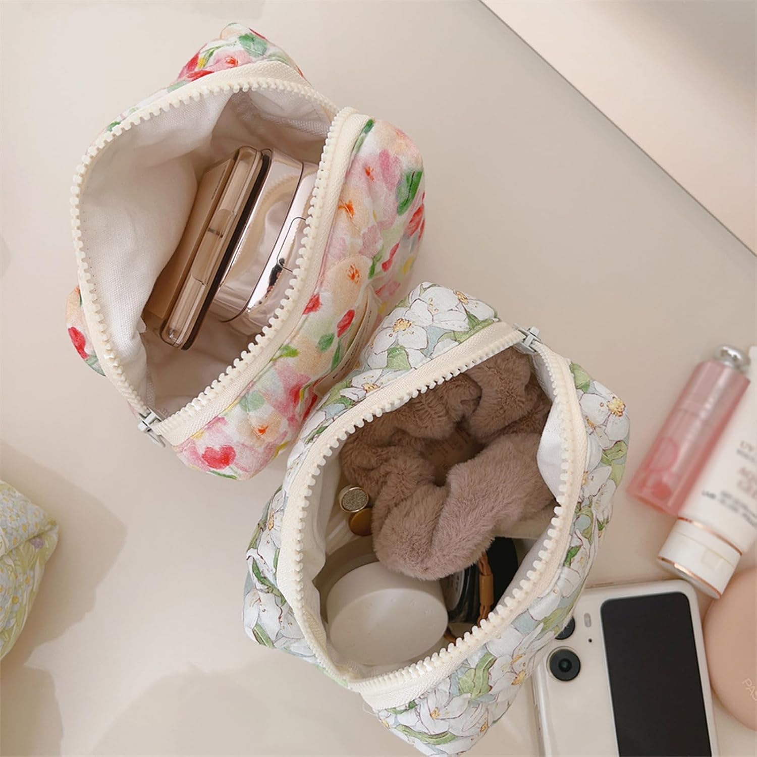 Sminra Floral Makeup Bag Small Travel Cotton Quilted Cosmetic Makeup Bag Organizer, Cute Coquette Aesthetic Zipper Portable Pouch Purse Toiletry Bag accessories image 4