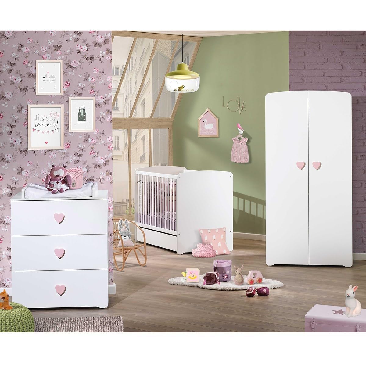Armoire Enfant | Meuble Rangement Enfant 2 Portes | Boutons Coeur Rose Basic | 85 x 175 x 56 cm | Fabriqué en France | Babyprice par Sauthon