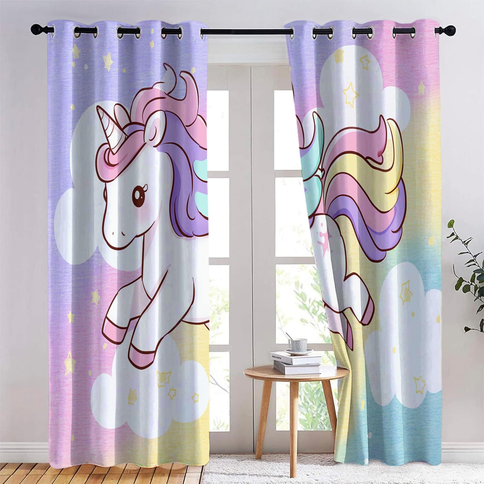 Lot de 2 Rideaux Occultants - 3D Licorne Arc En Ciel Mignonne Nébuleuse Rideau De Fenêtre Isolant Thermique Phonique en Polyester pour Chambre d'enfant Salon Maison Bureau Décoration 110 x 215 cm