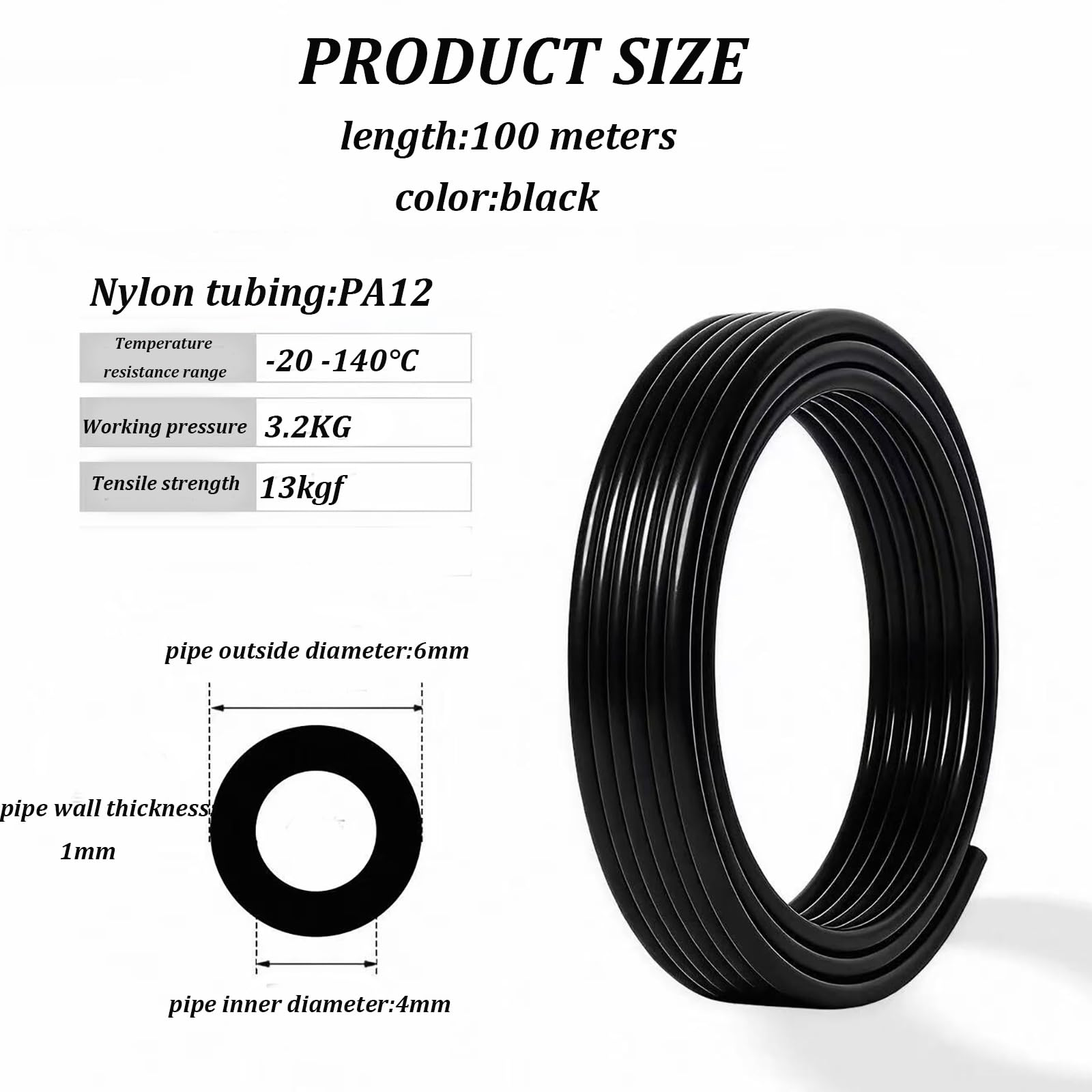 Tubo in Nylon PA12 Nero 6mm OD x 4mm ID, 100M Tubo Pneumatico