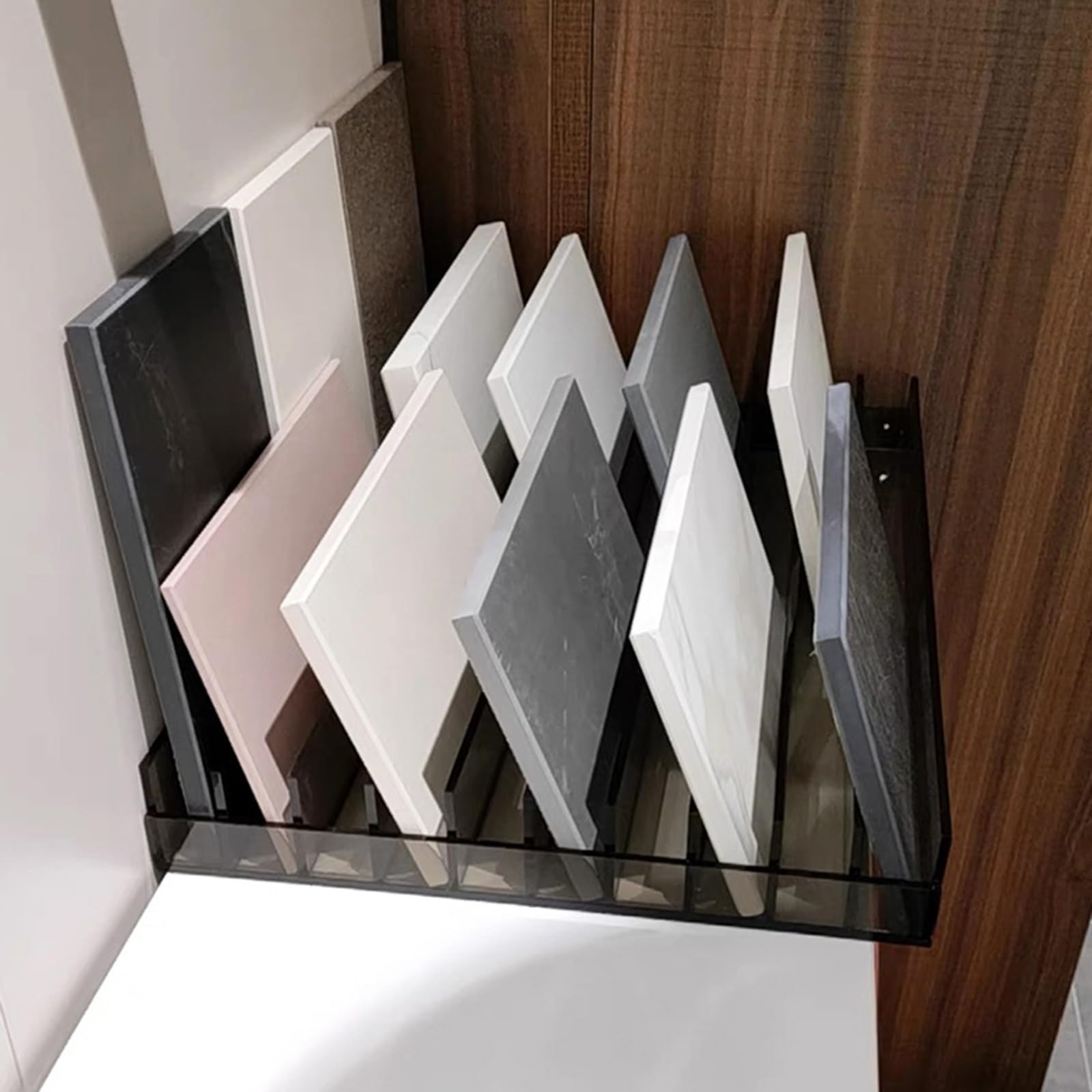 Acryl-Ausstellungsständer für Fliesenproben, geschlitztes Lagerregal für Baumaterialien, Ausstellungsregal für Proben und Bodenbelag, langlebiges Design für einfachen Zugang