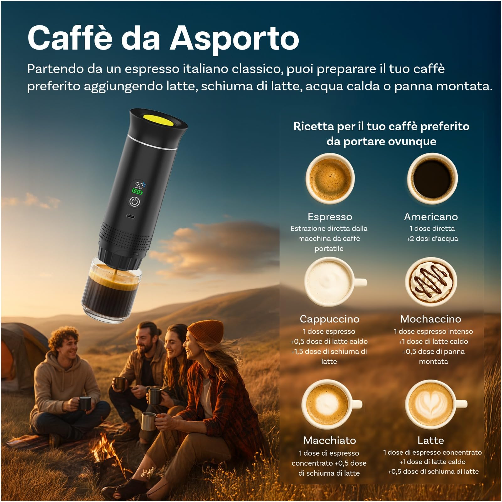 MMOBIEL Macchina Caffè Portatile Macchina da Caffè Espresso Elettrica con Anti-Scivolo, Riscaldante & USB-C – Compatibile con Capsule & Caffè Macinato per Viaggio, Campeggio, Casa, Auto, Ufficio