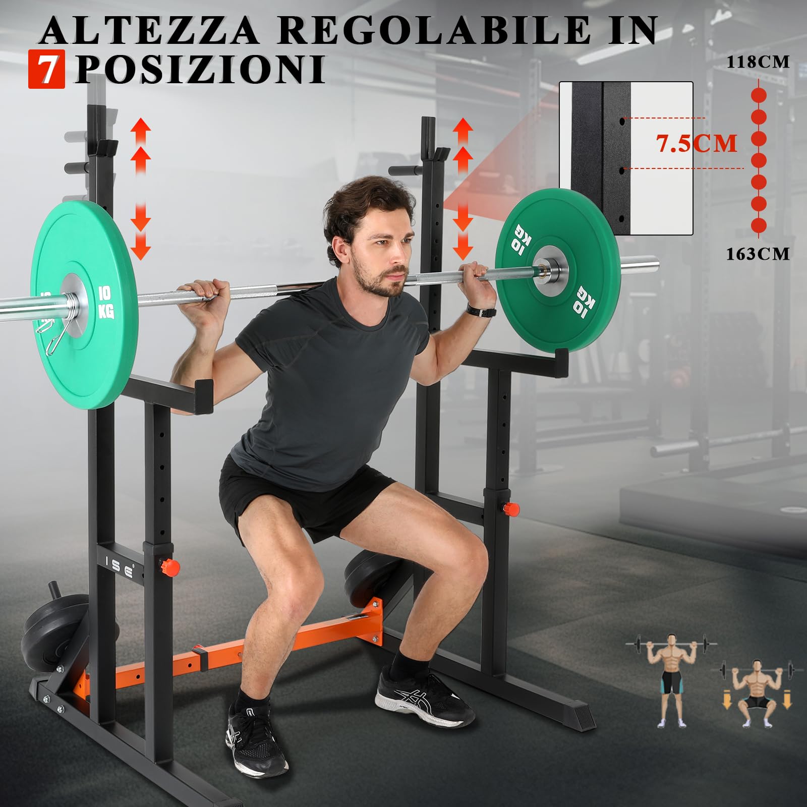 ISE Rack Palestra Multifunzione, Supporto Bilanciere Rack di fitness a casa, Rack da Squat Regolabile in altezza e in larghezza, Stand per Sollevamento Pesi, Porta Pesi Palestra Casa, Max. 200KG