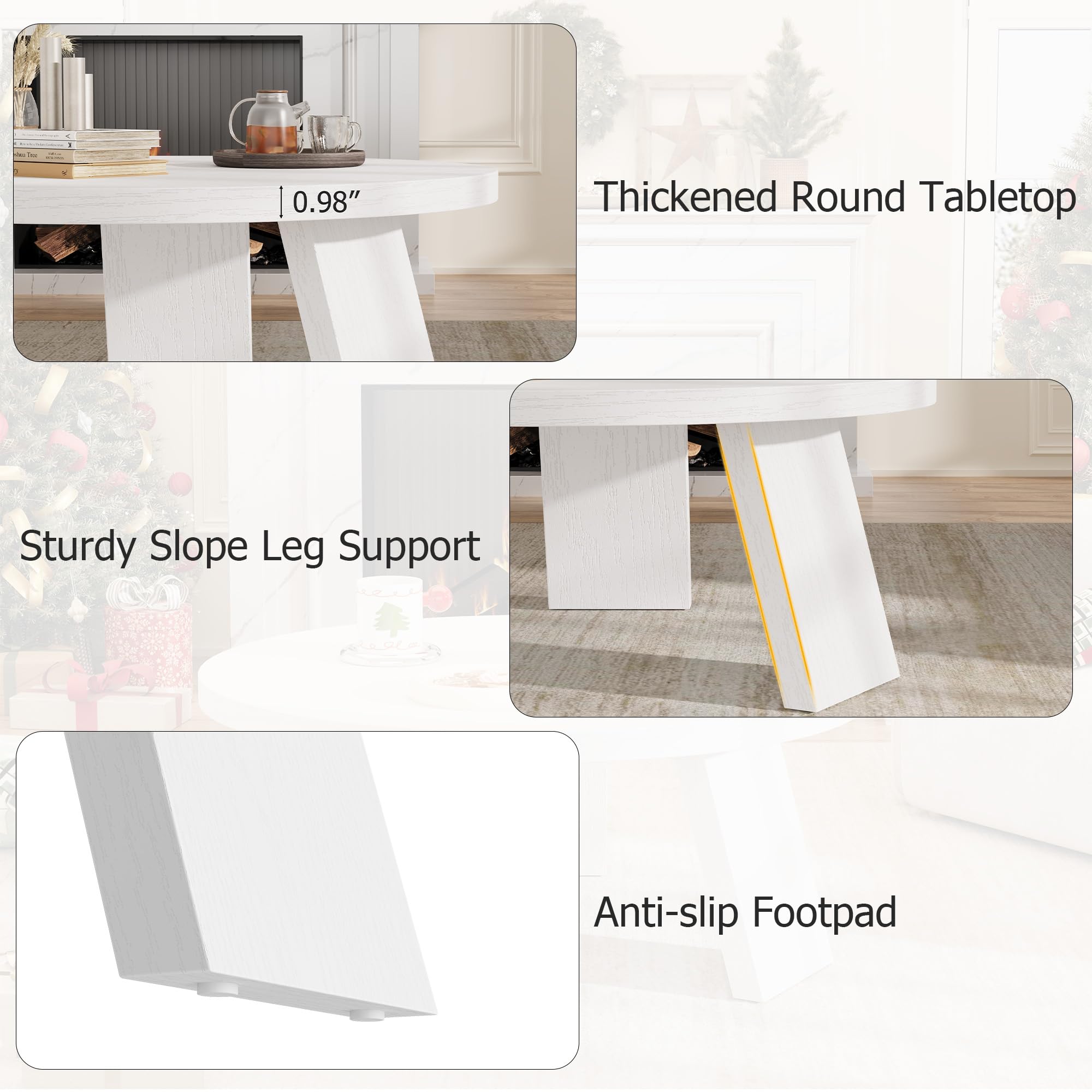GarveeHome Mesa de Centro Redonda Moderna 85 cm para Sala de Estar - Madera de Calidad - Patas inclinadas - Instalación fácil - Diseño Compacto Farmhouse - Color Blanco Relieve