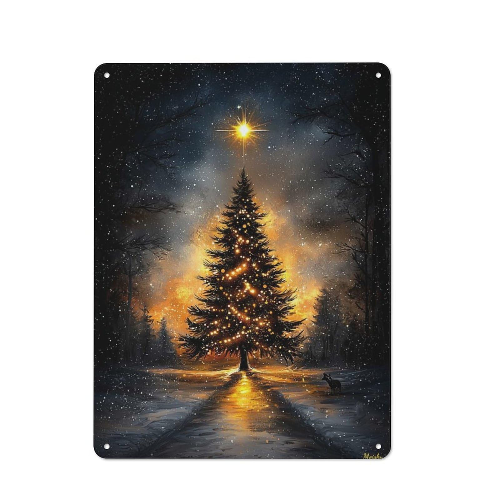 Starry Night Serenity Illuminated Christmas Tree Classic Metal Wall Decor 40x30cm, Metal Wall Plaque for Office, Study, Studio Or Hallway
