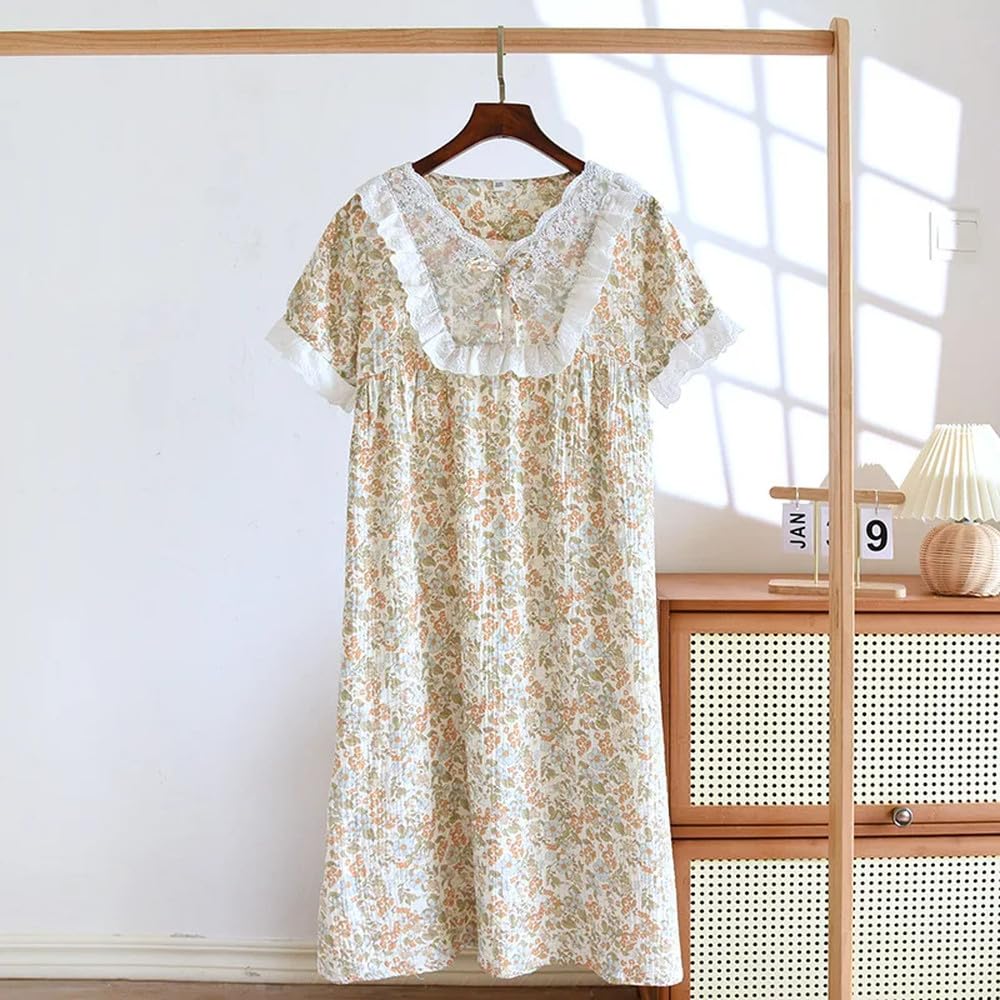 Camicia da Notte Donna - Gonna da Notte da Donna Estiva Gonna Lunga A Maniche Corte in crêpe di Cotone Gonna da Notte Sottile E Carina con Scollo A V in Pizzo Dolce
