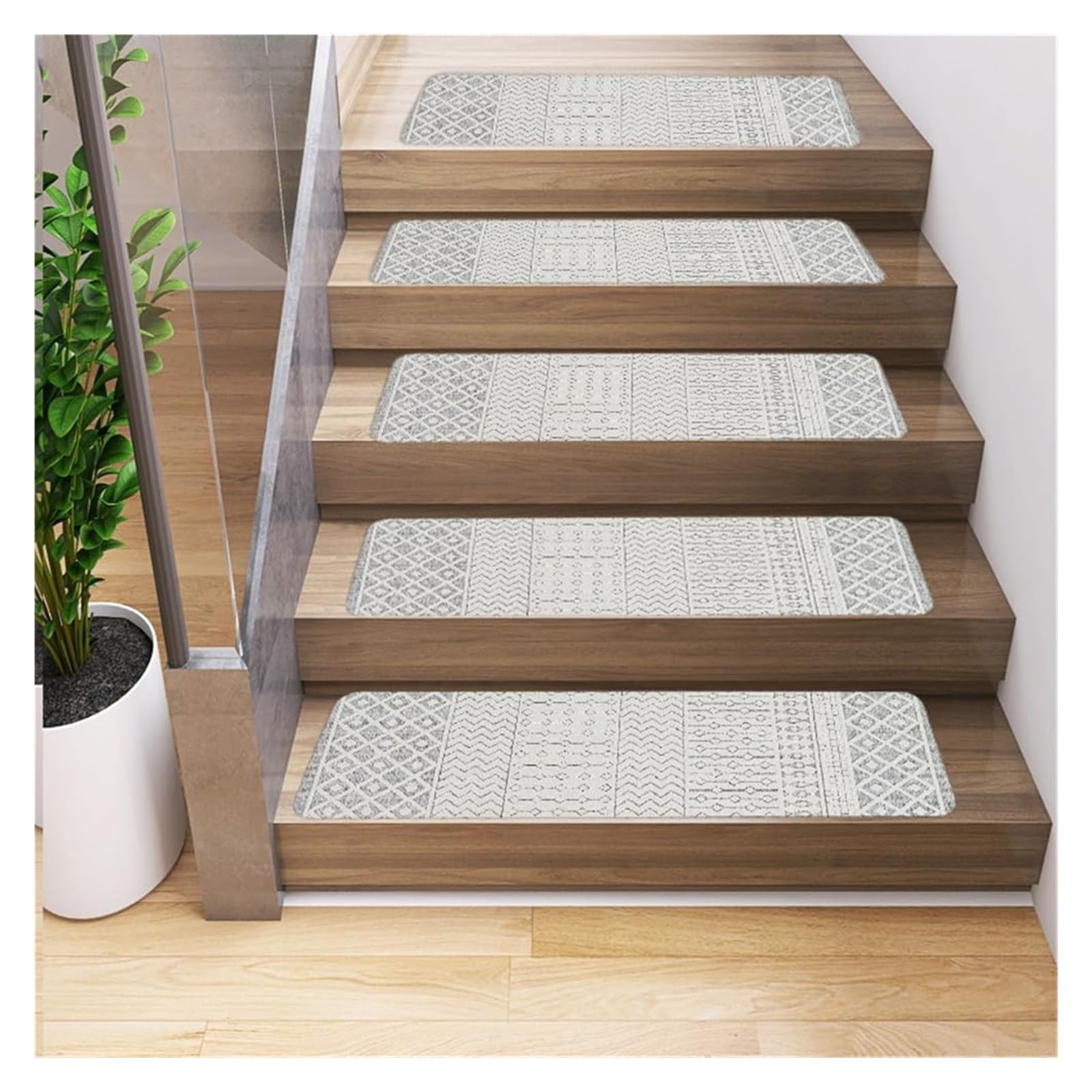 Treppenläufer-Teppich for Treppen, Treppenteppichläufer, 5er-Set, Rutschfester Treppenstufen-Teppich mit Gummirücken, 20,3 x 76,2 cm, Retro-Ethno-Geometrie(Gray)