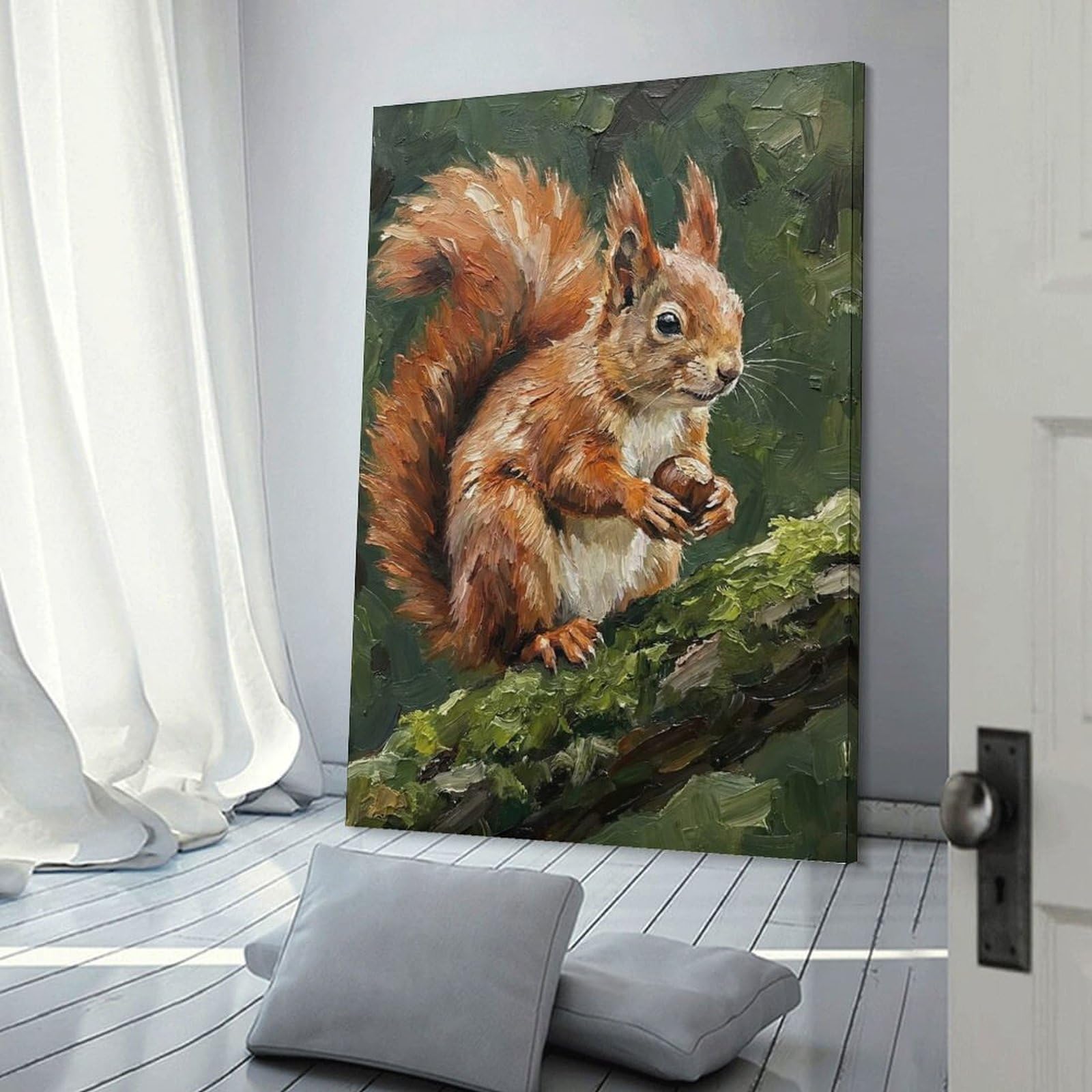 Junmoney Canvas Art Print Oil Painting of A Squirrel Holding A Nut, 24x36inch(60x90cm), for Office, Study Or Home Workspace, Decorative Artwork for Productive Spaces