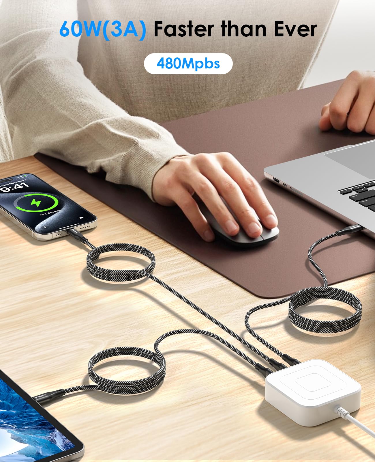 Magtame cavo magnetico USB C, bobina USB C a USB C cavo 60W (3A), cavo USB C retrattile 1.5M, Nylon intrecciato tipo C cavo di ricarica veloce compatibile con Phone 15, dispositivo USB C