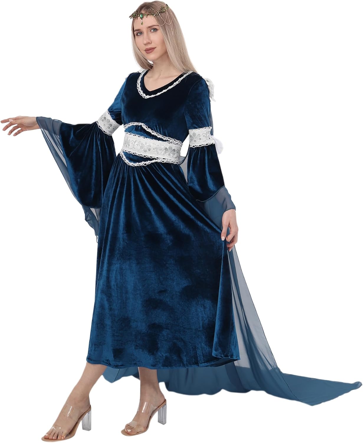 Renaissance Velvet Dress Women Chiffon Sleeves Gown Medieval Elf fantasy Cosplay Costume Ren Fair