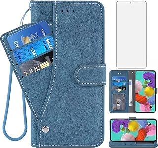 Asuwish Compatible with Samsung Galaxy A51 4G Wallet Case and Tempered Glass Screen Protector Flip Cover Card Holder Stand Cell Accessories Phone Cases for Glaxay A 51 Gaxaly M40S 51A A515F S51 Blue