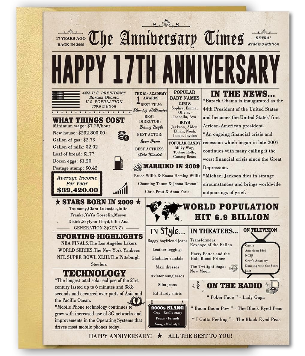 FANCYLUCKY Jumbo 17th Anniversary Cards for Women Men, Retro 17 Year Anniversary Card Gifts for Wife Husband, Large 17th Wedding Anniversary Decoration for Parents