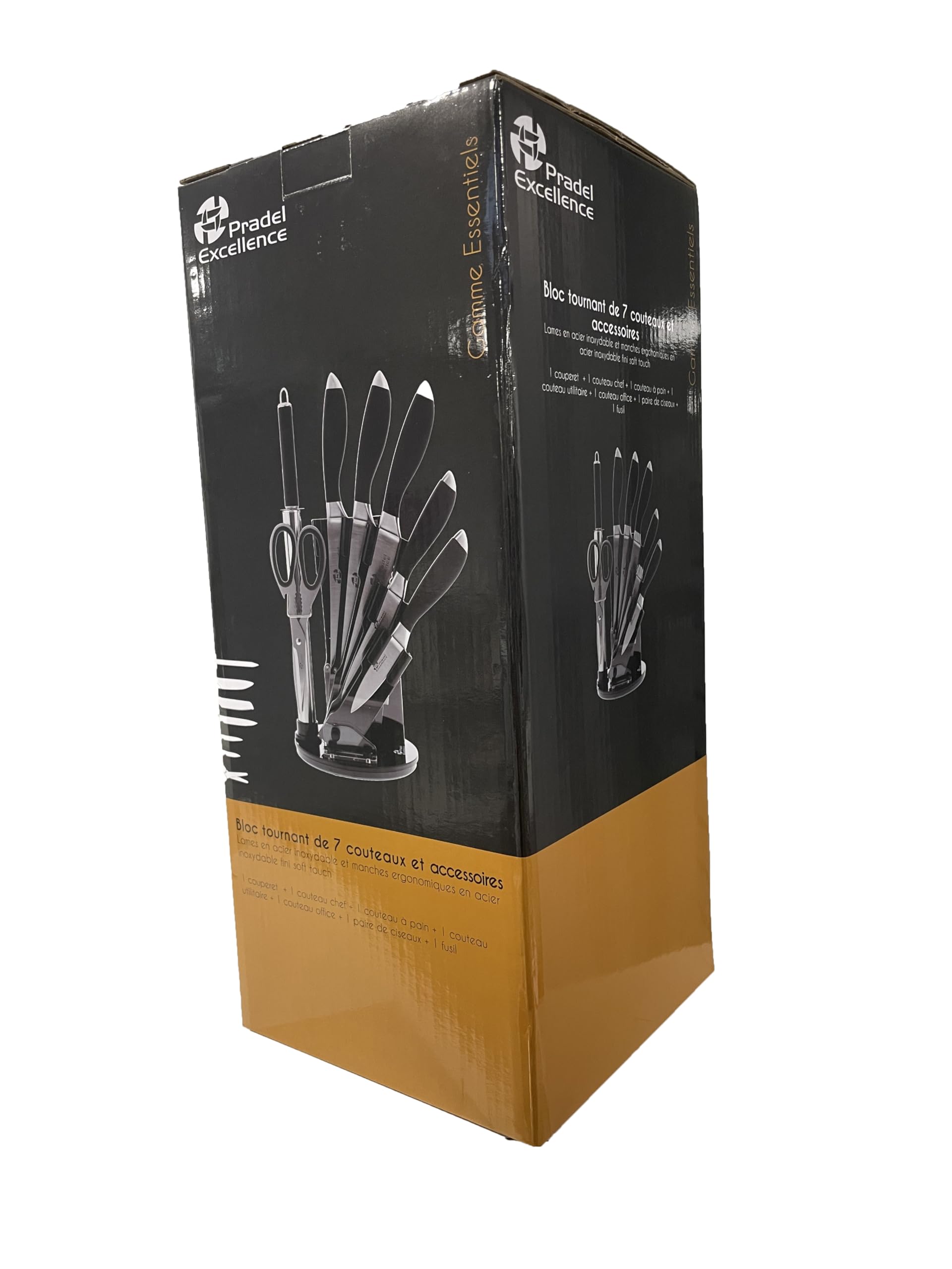 Pradel Excellence - PCOT001015 - Bloc Couteaux Inox Tournant Essentiels 7 Pièces - 5 Couteaux de Cuisine + 1 Paire de Ciseaux + 1 Fusil d'Affûtage - Lames Acier Inoxydable - Manches Soft-Touch