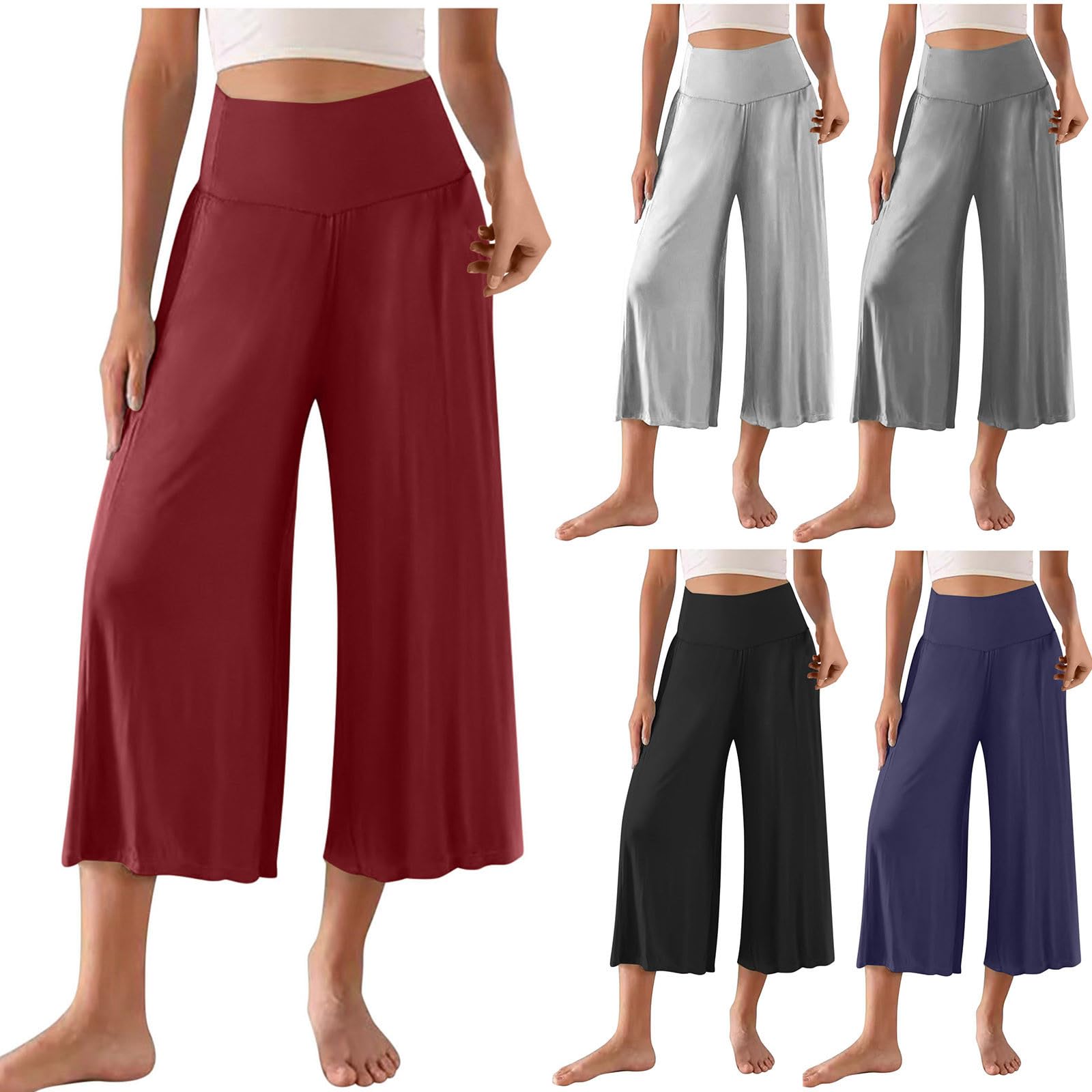 Casual Pants Womens Three Quarter Wide Leg Solid Color Loose Casual Pant Soft Comfy Pant Beach Work