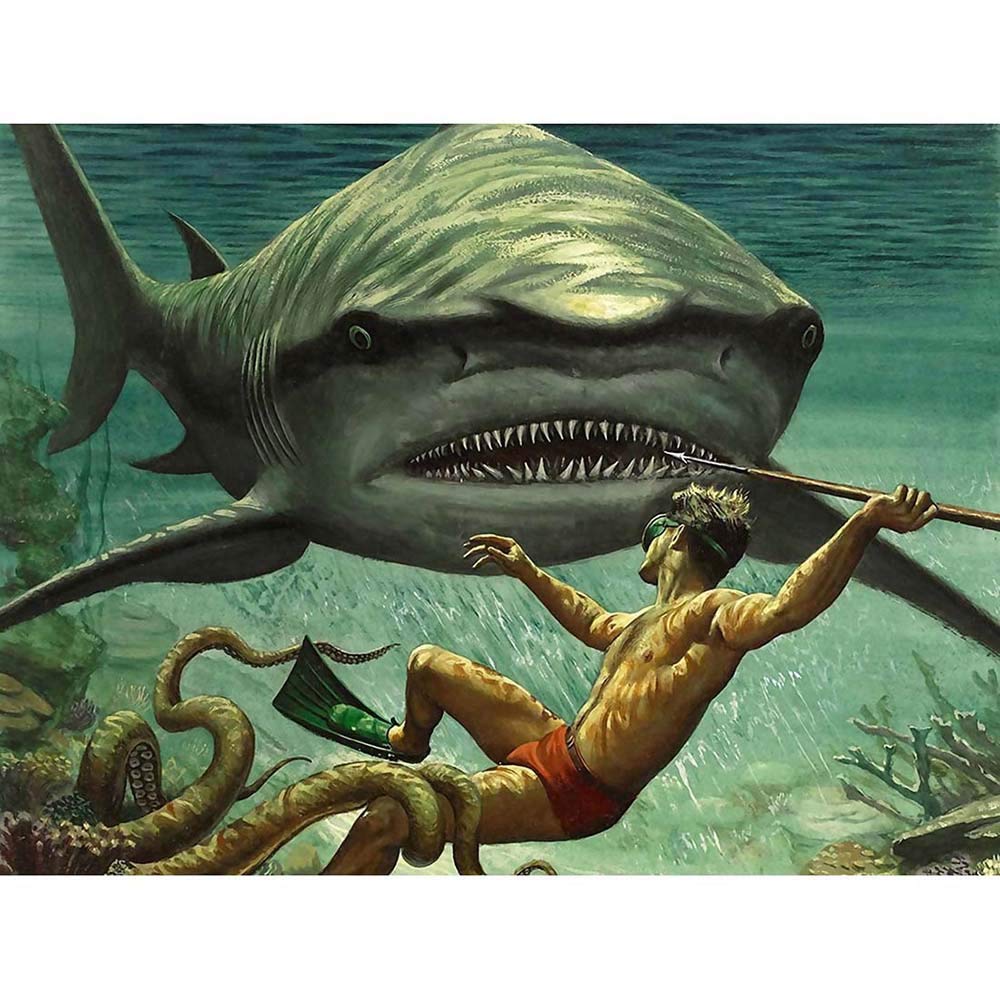 Wee Blue Coo Painting Shark Attack Octopus Diver Spear Adventure Underwater Art Print Poster Wall Decor 12X16 Inch