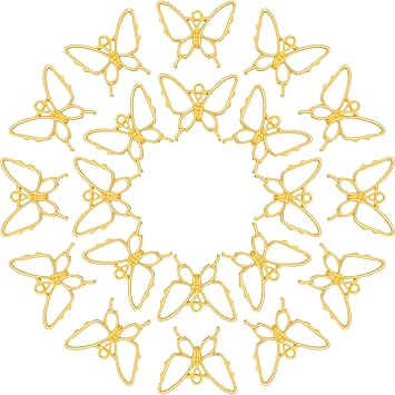 OIIKI 20pcs Gold Butterfly Metal Frame Pendants, 1.18x1 inches | Thick Hollow Butterfly Resin Molds Pendants Open Back Bezel Setting, Crafts Dangle Trims for Earrings Necklace Jewelry Making
