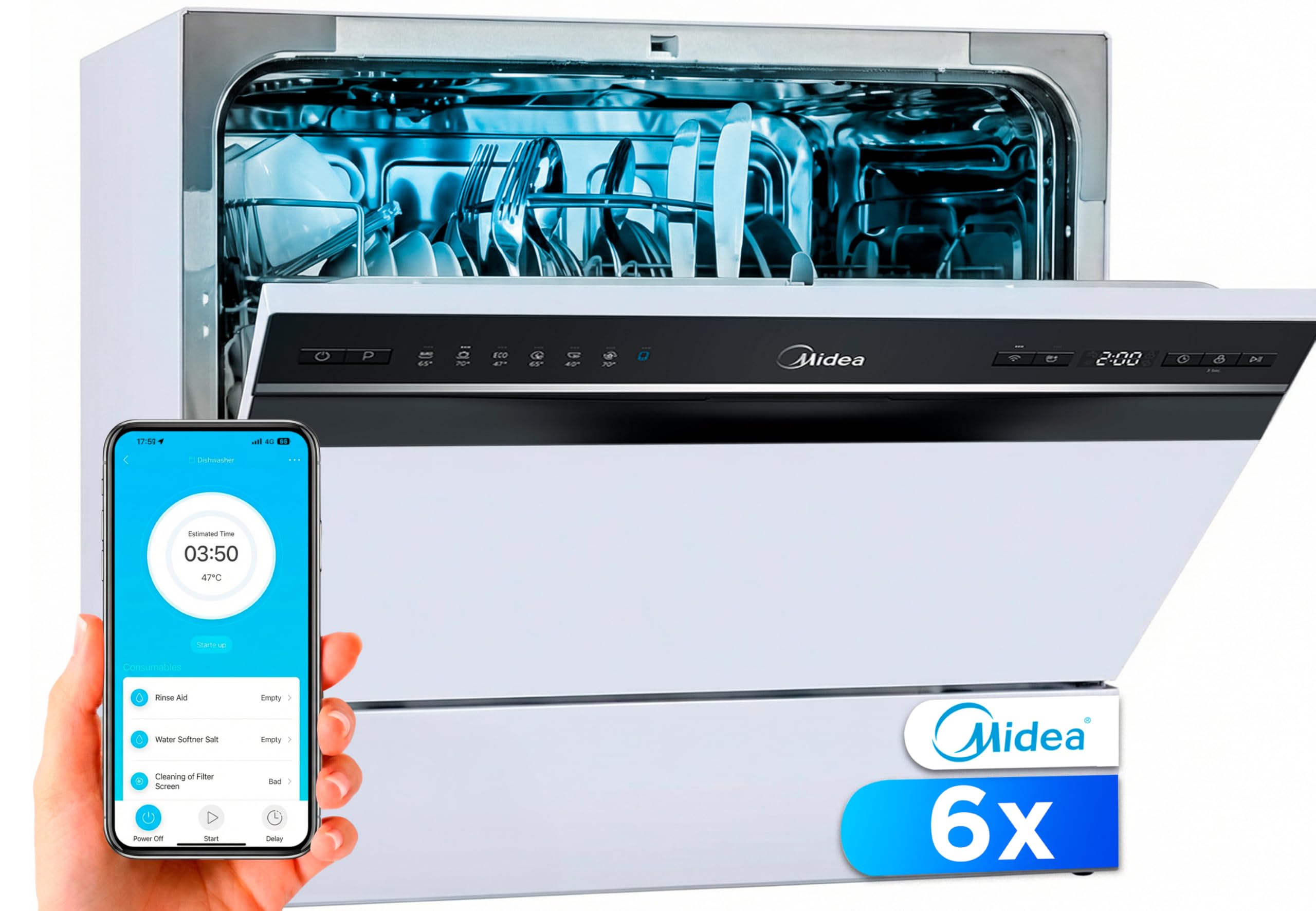 Midea Lavastoviglie piccola bianca 55 cm per 6 servizi - Lavastoviglie compatta e portatile senza installazione - Lavastoviglie con App Control, 6 programmi, filtro antibatterico 49 dB - Nuovo modello