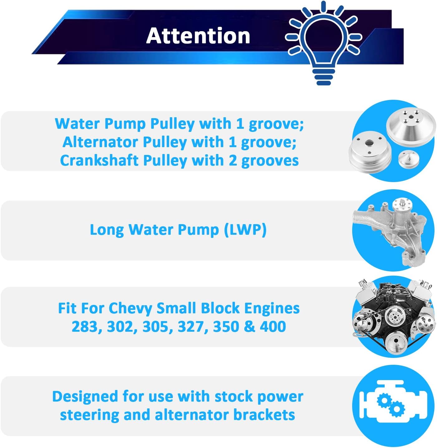 WeiSen Alternator ＆ Crankshaft ＆ Water Pump V-Belt Pulley Kit Compatible with Chevy SB SBC Small Block Engines 283 302 305 327 350 400 Long Water Pump