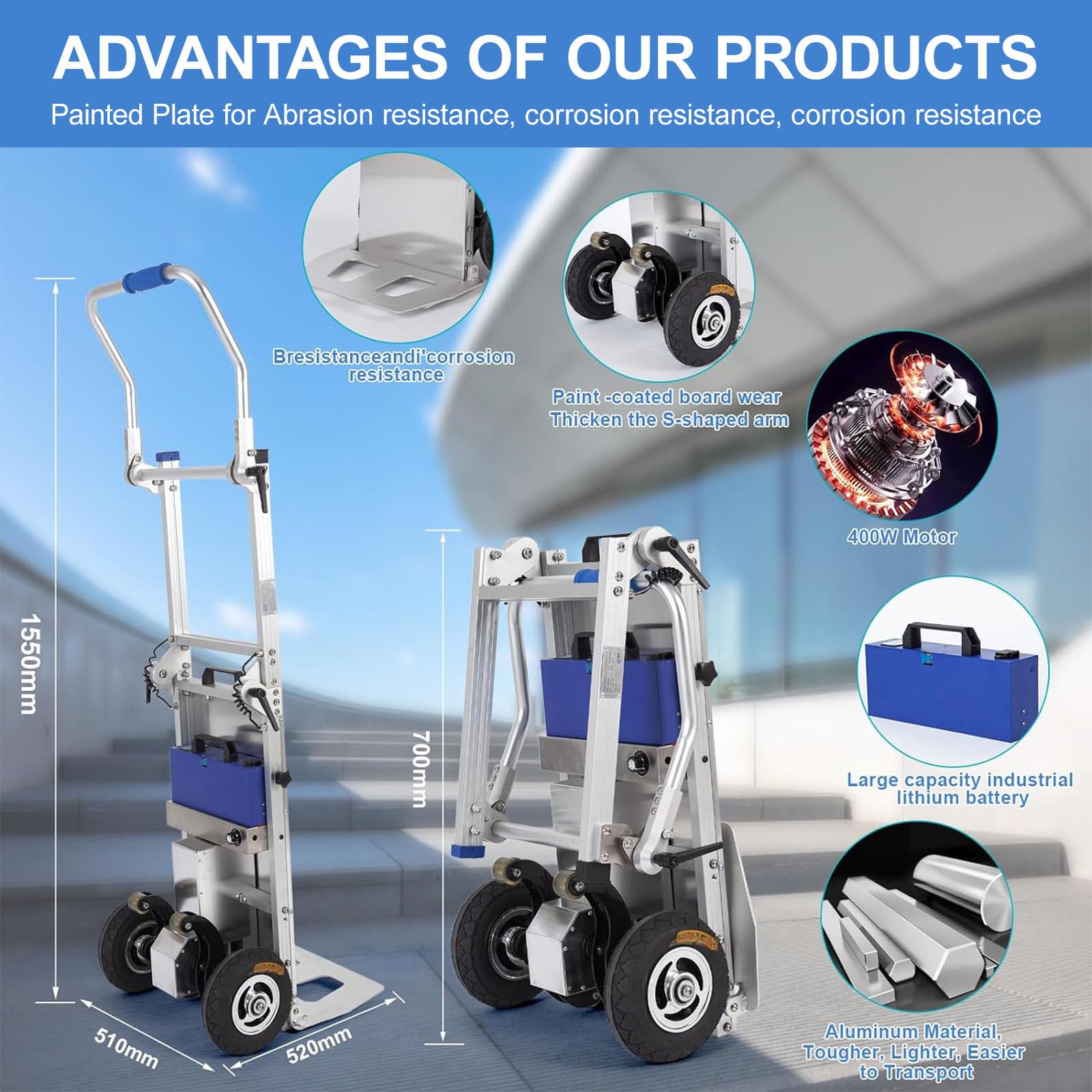 Carrello Montascale Elettrico, Carrello Pieghevole, capacità di Carico Massima 200 kg, Carrello A Mano con Telaio in Alluminio per Scale su E Giù per Spostare Mobili, Cemento