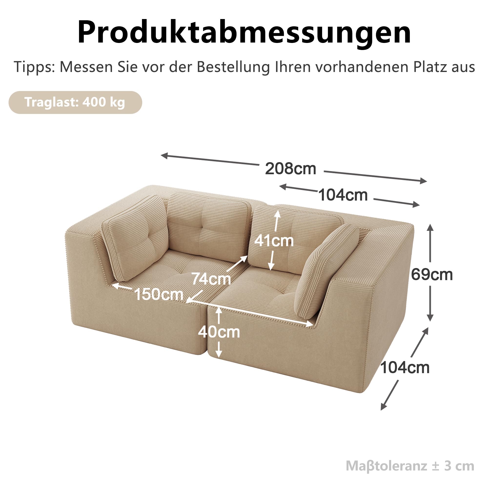 Sofa 2-osobowa ze sztruksu, modułowa, bezramowa, beżowa, głęboka siedziska