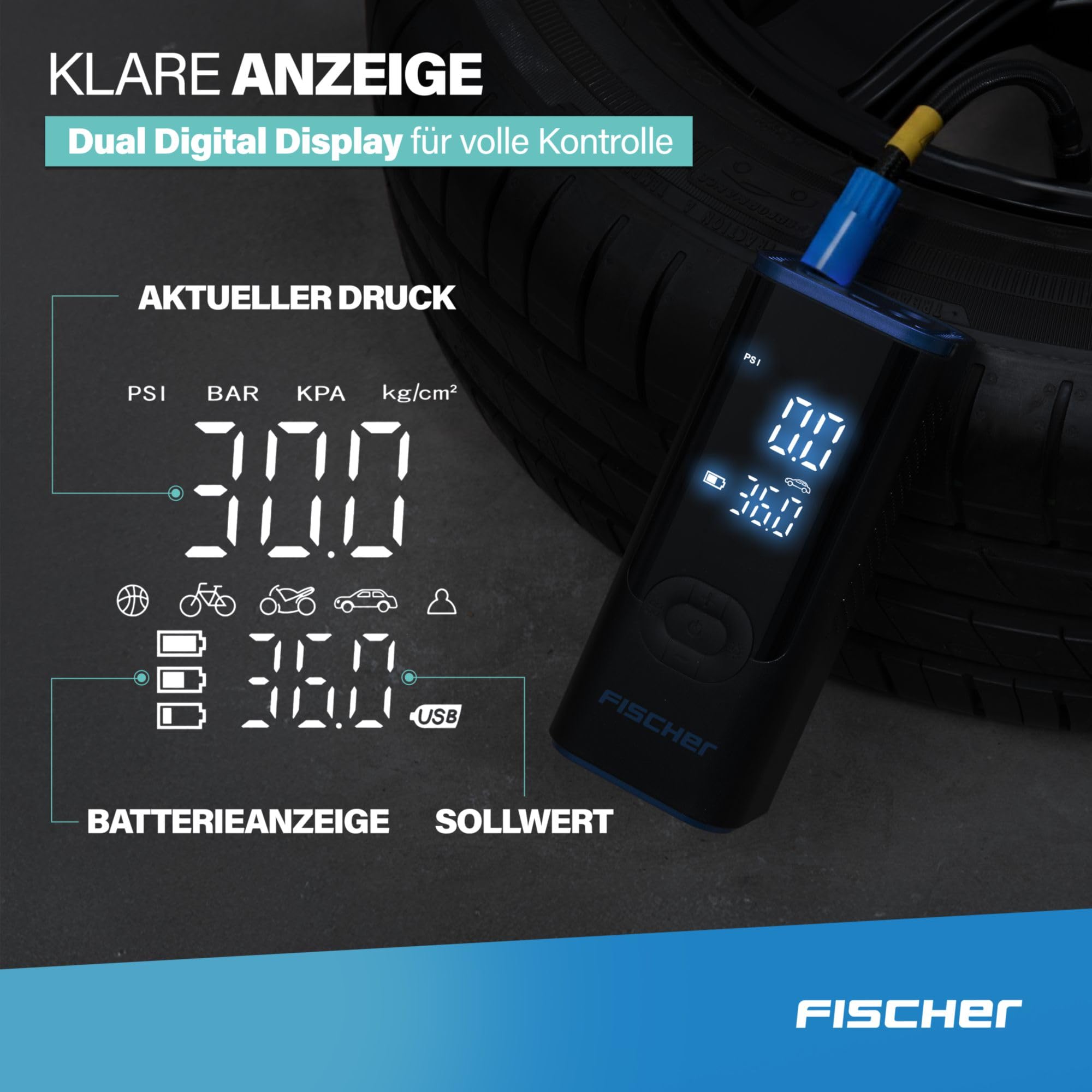Fischer Akku-Kompressor AP Power Duo inkl. Powerbank, schnelles Aufpumpen, Einstellbarer Zieldruck mit Autostop, Taschenlampe mit SOS, Druck und Batterieanzeige, 3 bis 150 PSI, 12 V Autoanschluss