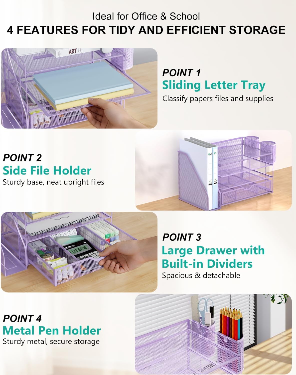 WALI Desk File Organizer, 4 Tier Desktop Paper Letter Tray Organizer with Drawer and 2 Pen Holders, Office Desk Accessories & Workspace Organizers for Office, Home Supplies(DO005DH-V), 1 Pack, Purple