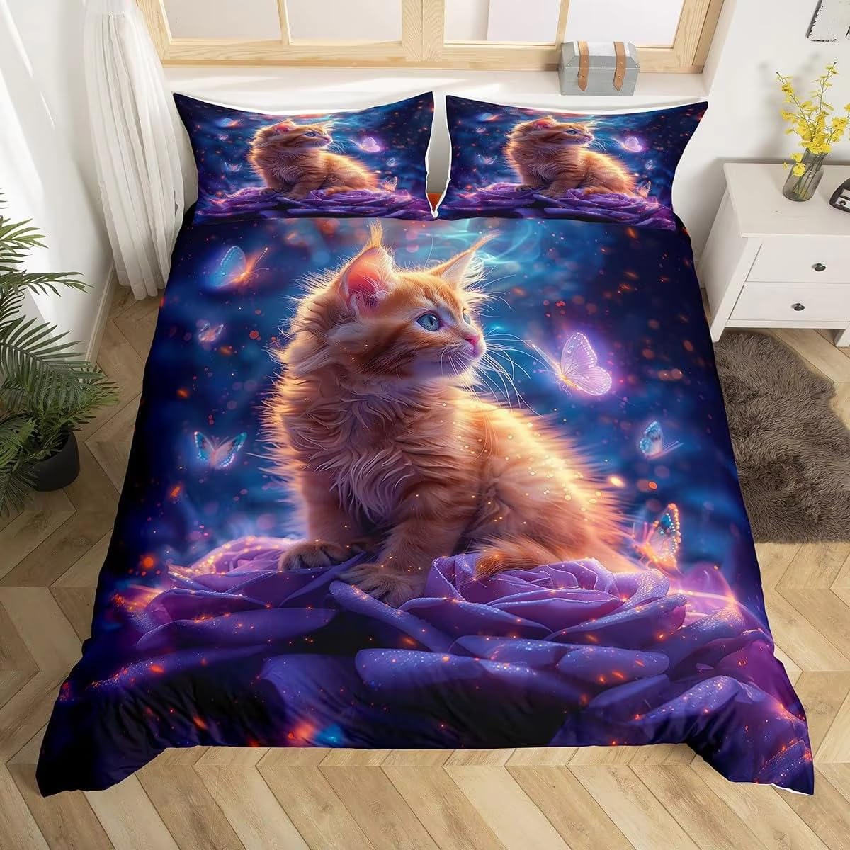 Housse de couette 90x190 chat respirante et douce pour lit 1 place