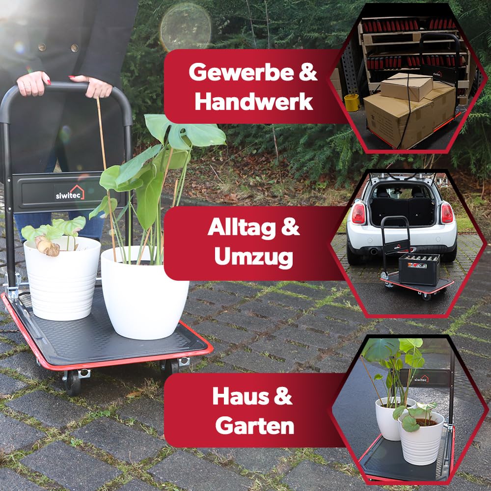 siwitec Plattformwagen, Transportwagen klappbar 150kg, inkl. Spanngurte, Rollwagen, Handwagen, Transportwagen