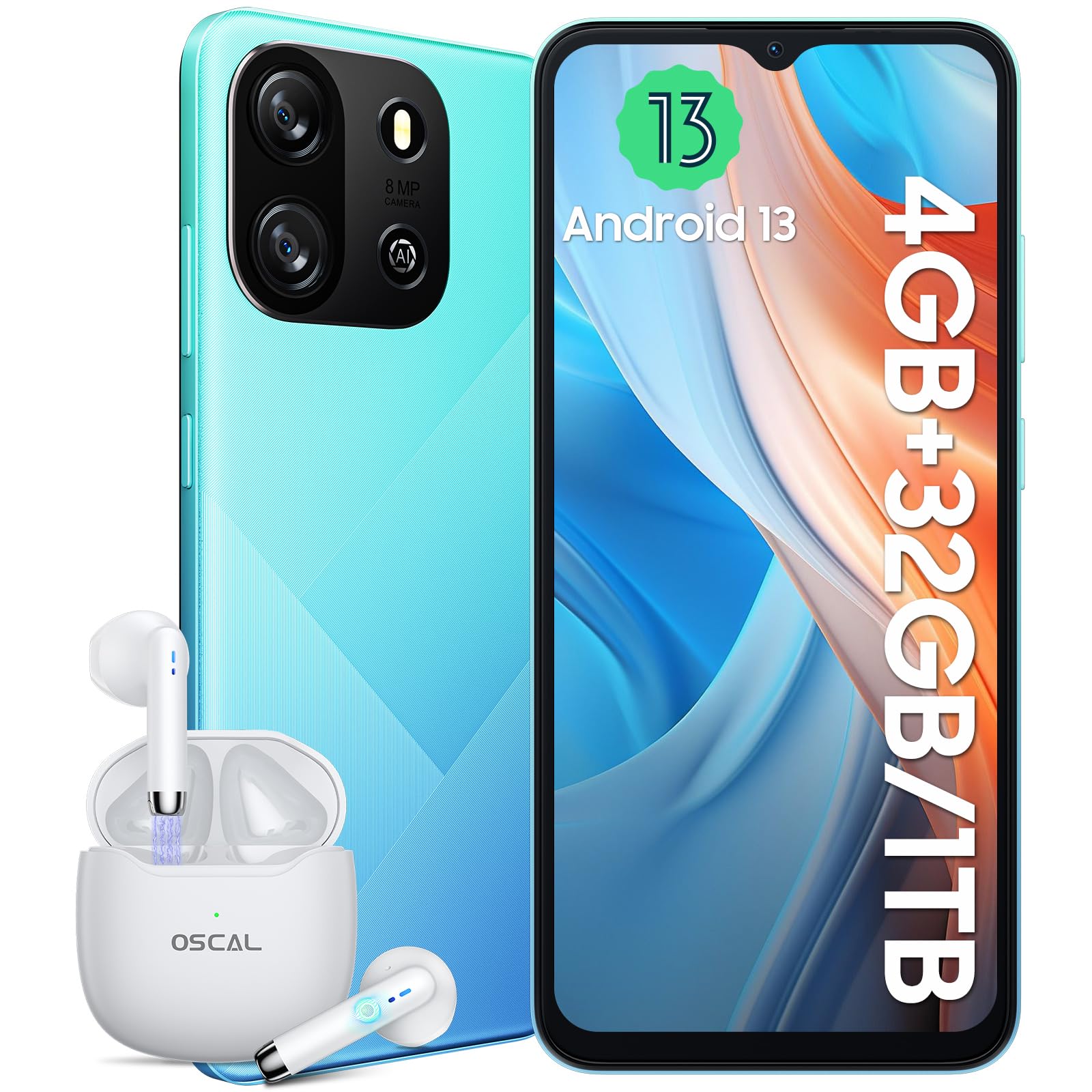 OSCAL Flat 1C Smartphone 4GB RAM 32GB ROM 1TB Espandibile, 4700mAh, 6.5" HD+, 8MP+5MP, 4G Dual SIM Telefono Cellulare, Android 13 Smartphone Offerta Octa Core/BT4.2/5G Wi-Fi/Face ID/OTG Blu