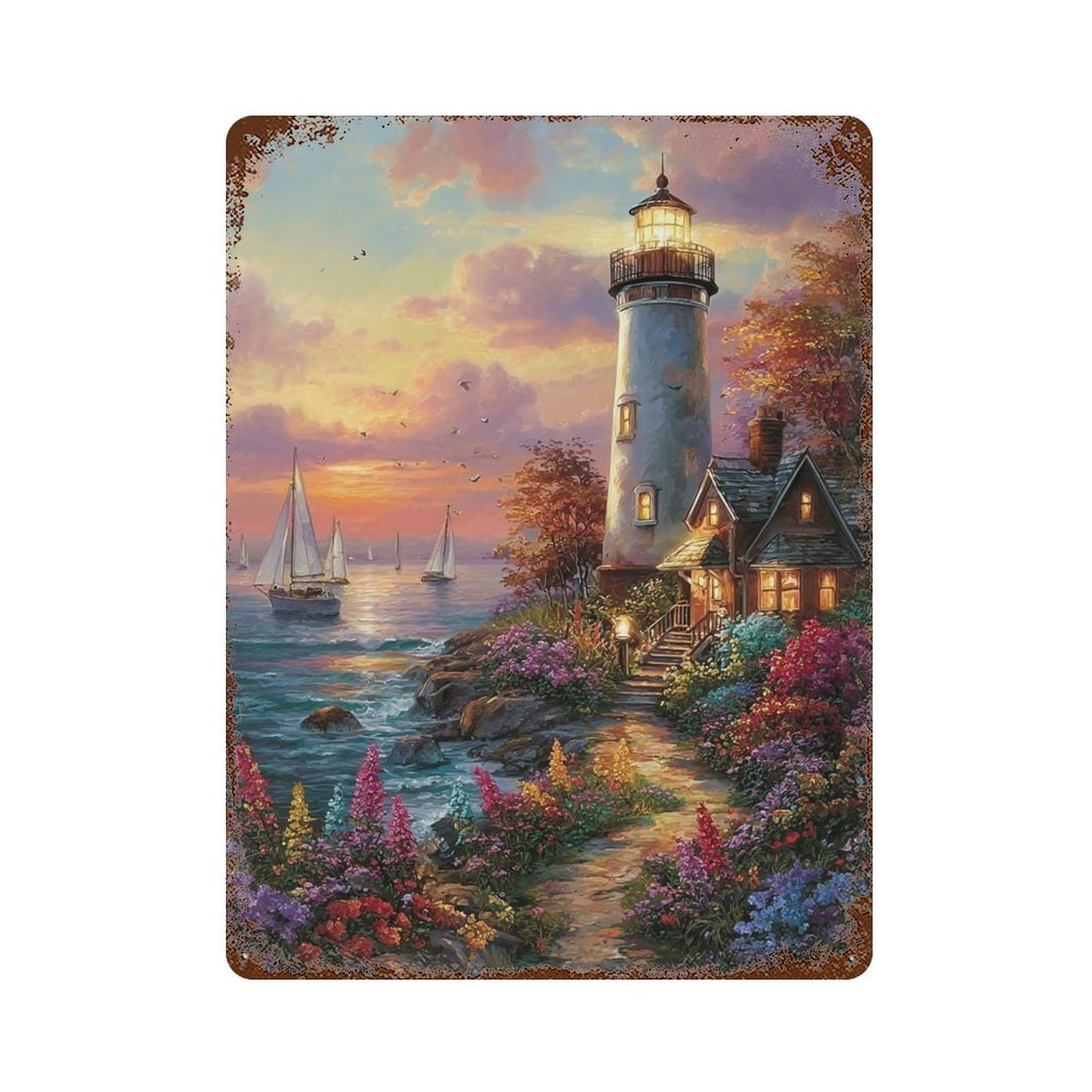 Coastal Lighthouse Sunset Scene-1 Rusty Metal Tin Sign 15.7"x11.8", Ideal for Office, Studio And Wall Decor