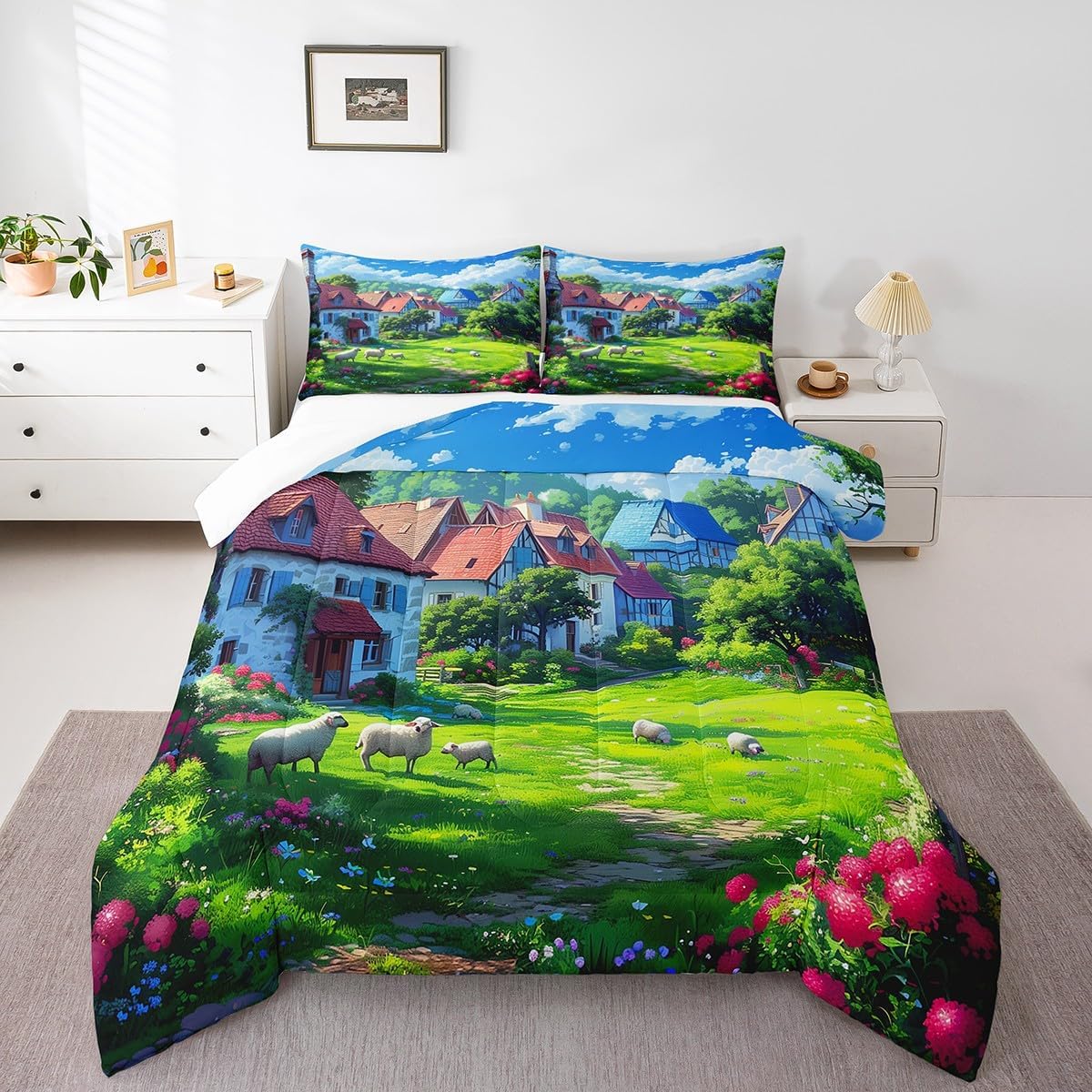 3D Natural Scenery Comforter Set,Cute Sheep Green Grass Pink Flowers Bedding Set for Kids Teens Adults,Blue Sky Clouds Rustic Farmhouse Style Quilted Comforter with 1 Pillowcase Toddler Size 2 Pcs