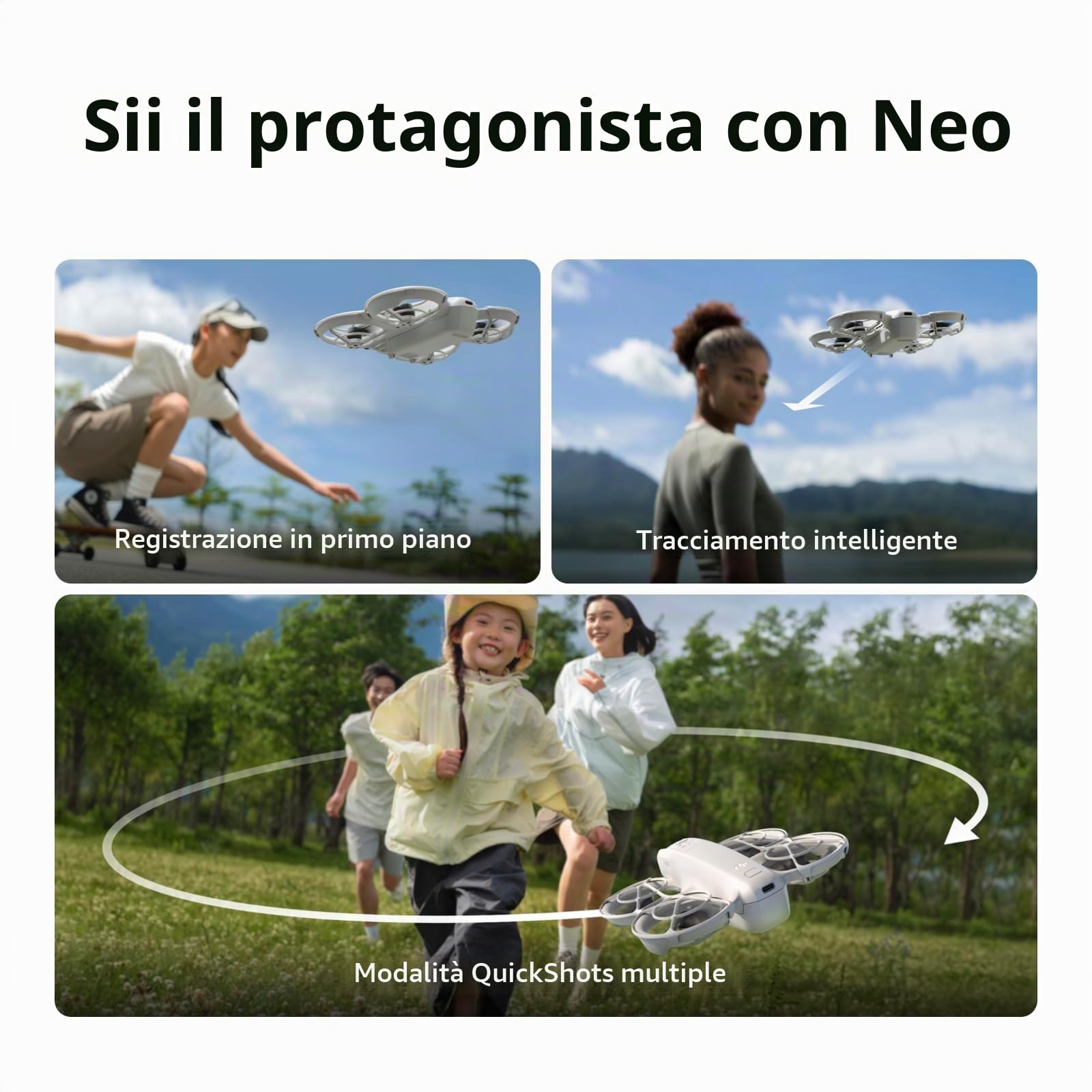DJI Neo Combo Motion Fly More, mini drone con fotocamera UHD 4K per adulti, 135g drone che vola da solo e ti segue, decollo dalla mano, tracciamento IA del soggetto, con RC Motion 3 e 3 batterie