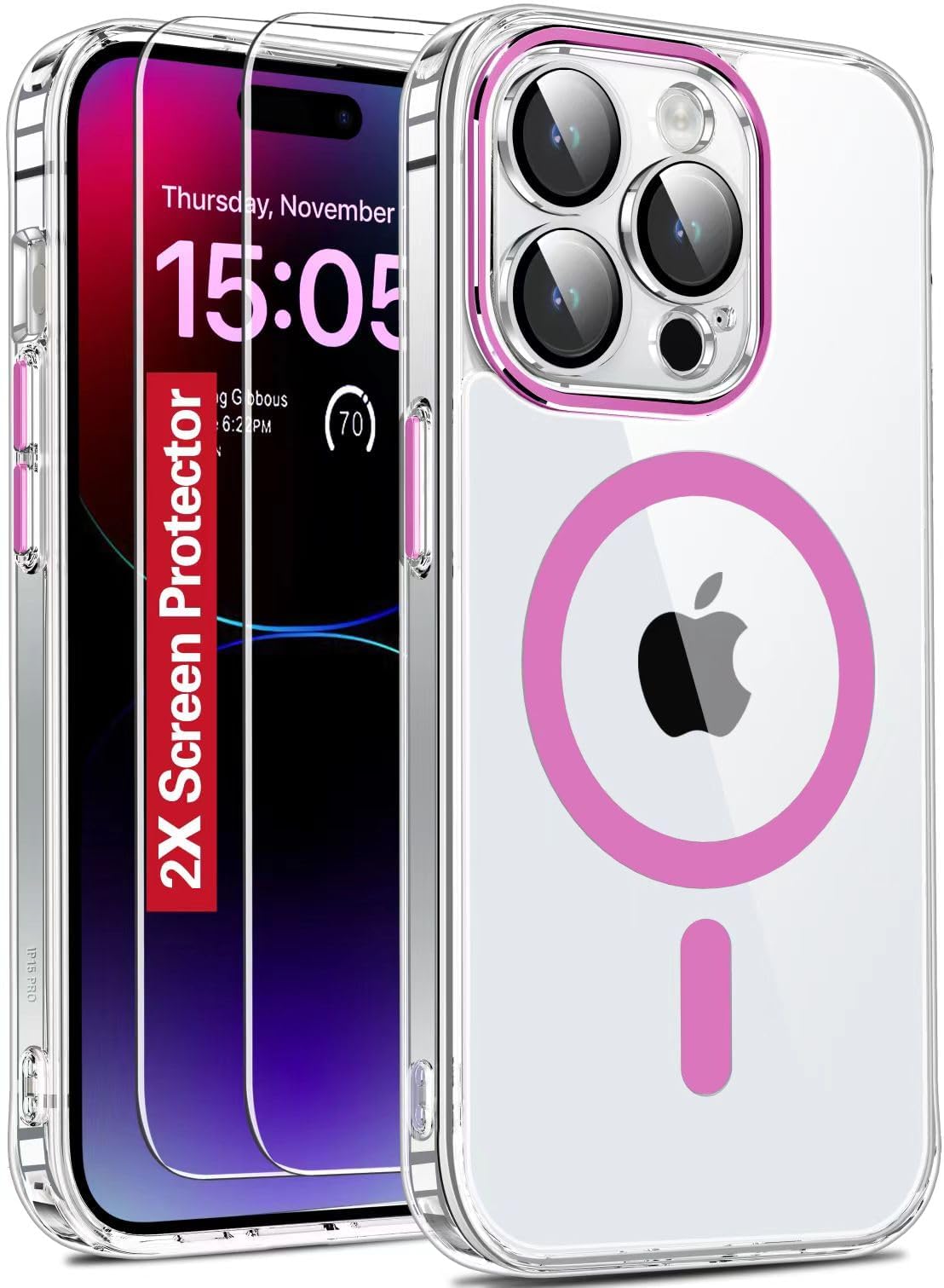 𝟐𝟎𝟐𝟑 𝑵𝒆𝒘 Designed for iPhone 15 Pro Case Clear,[2X Screen Protector][30X Anti-Yellow][Compatible with Magsafe][Built-in Camera Protector], 15FT Shockproof iPhone 15 Pro Phone Case 6.1"-Pink