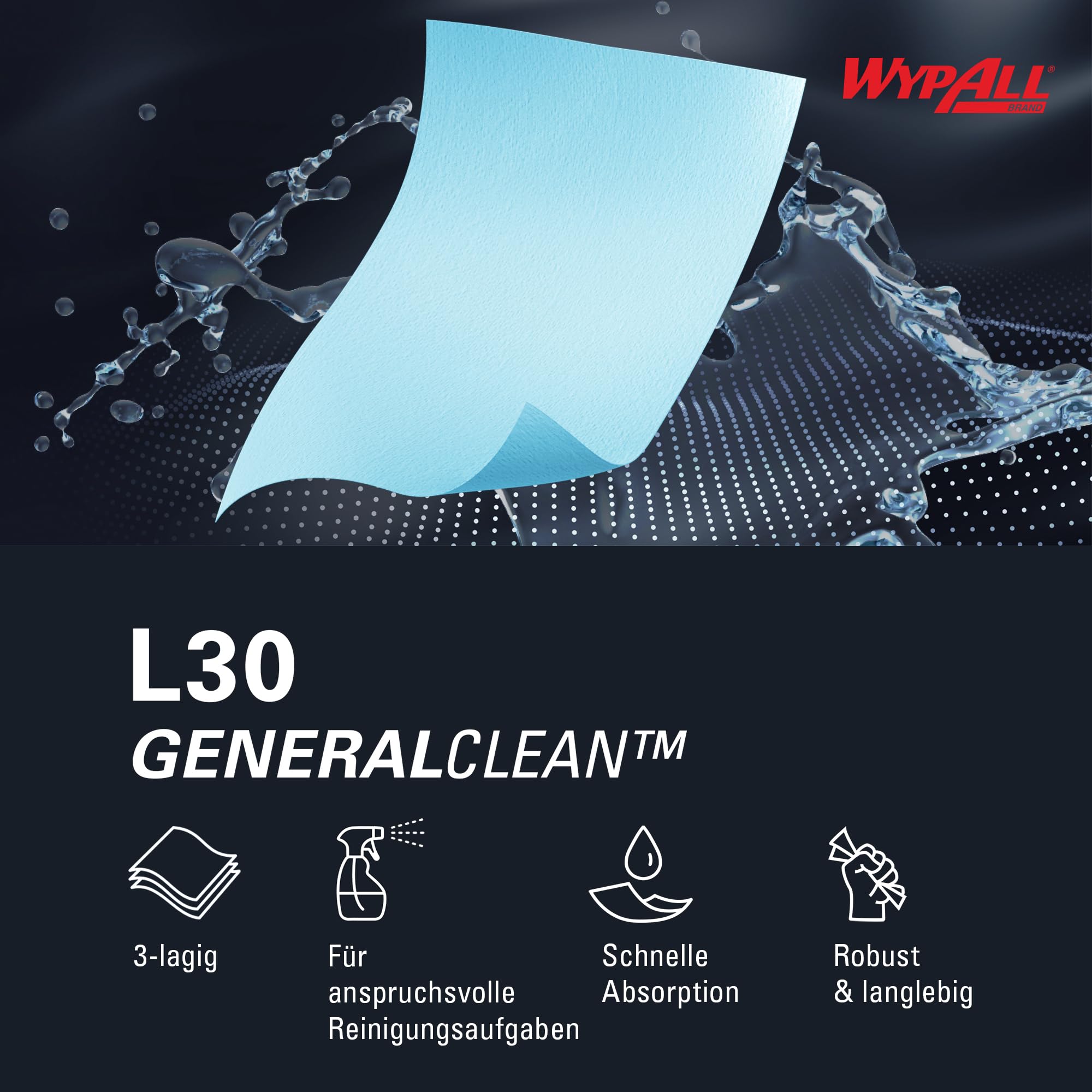 WypAll L30 Papiertücher für industrielle Reinigung 7426, Jumbo Rolle, hohe Saugfähigkeit, extra breit, 3-lagig, 1 Rolle x 670 blaue Tücher (Gesamt 670 Stück)