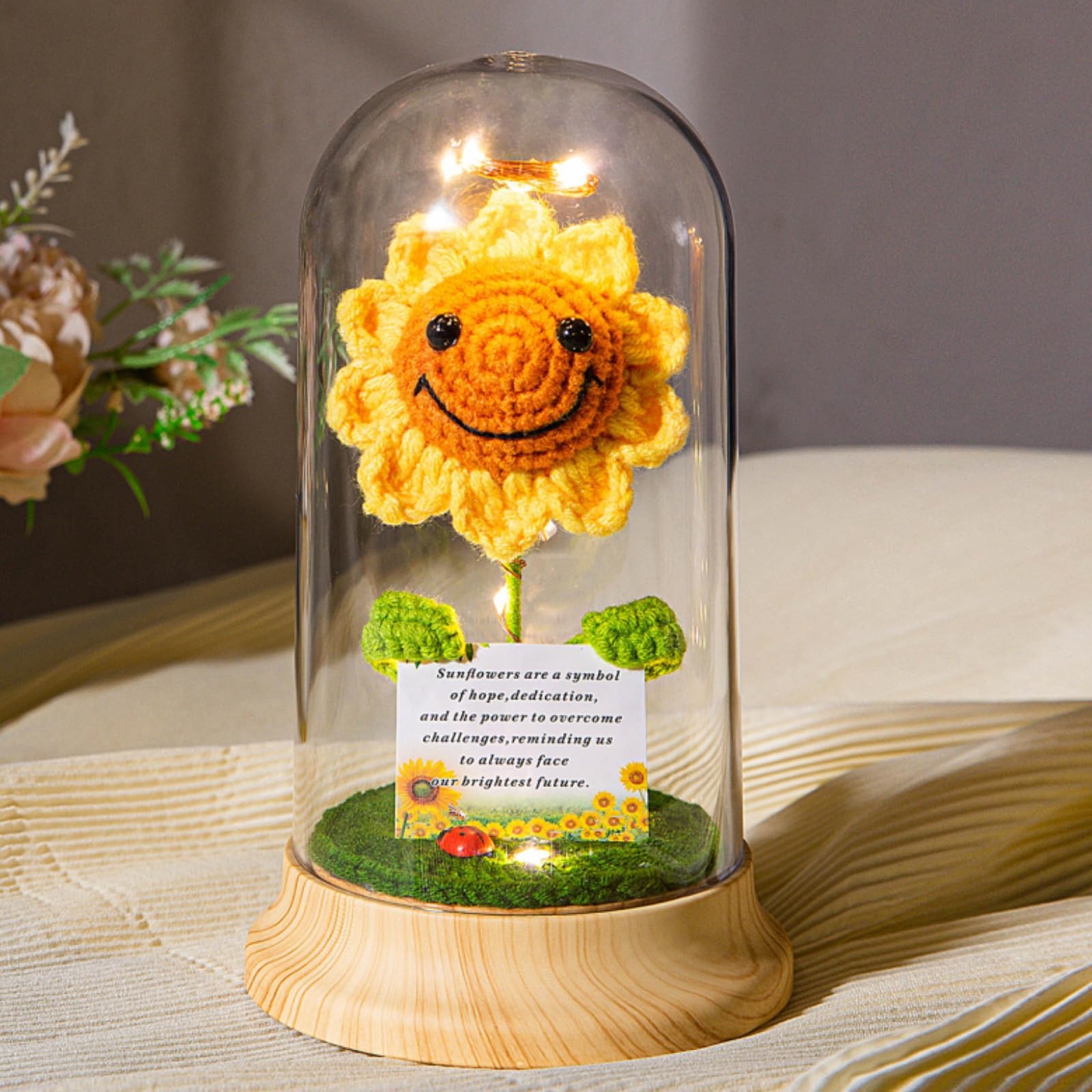Girasole All'Uncinetto Con Luci LED In Cupola Acrilica – Regalo Romantico 25 Cm