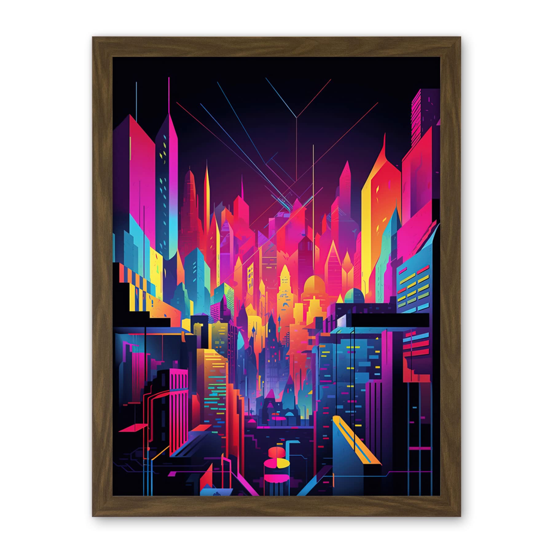 Artery8 Neon Light Colour Abstract Metropolis Cityscape at Night Modern Artwork Artwork Framed Wall Art Print 18X24 Inch