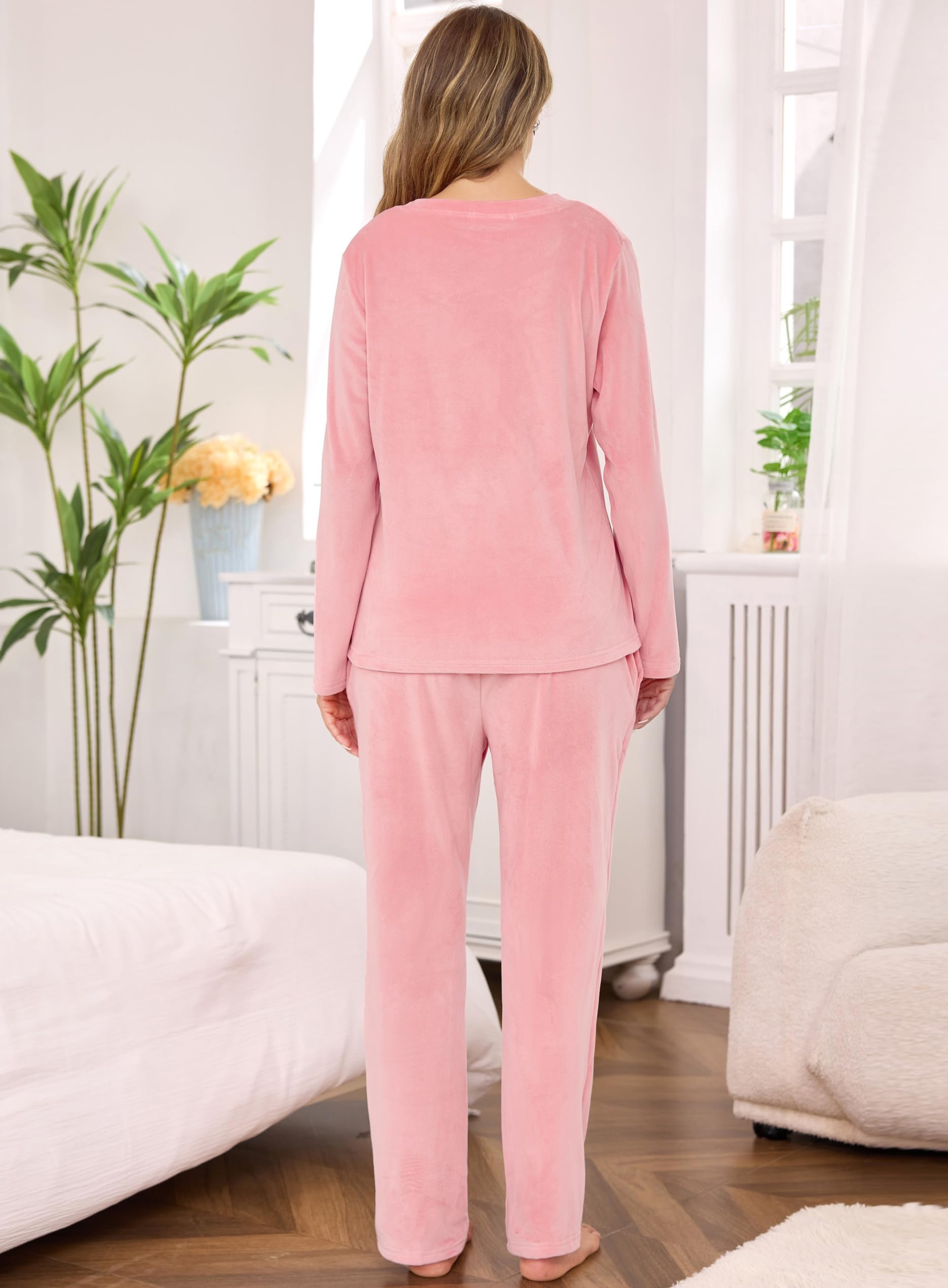 Lovasy Pijamas Mujer Invierno Polar Felpa Fina y Suave Conjunto de Pijama Cálido Largo con Bolsillos