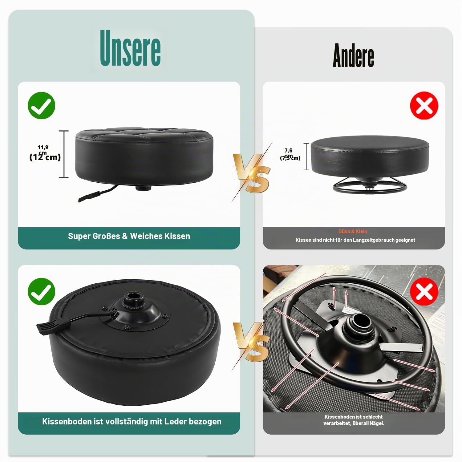 Ainilaily Roll hocker mit Rollen, Dickes Kissen, strapazierfähig, für Kosmetiker, hydraulischer Stuhl, Hocker für Arbeit, Medizin, Tattoo-Salon, Büro (schwarz)
