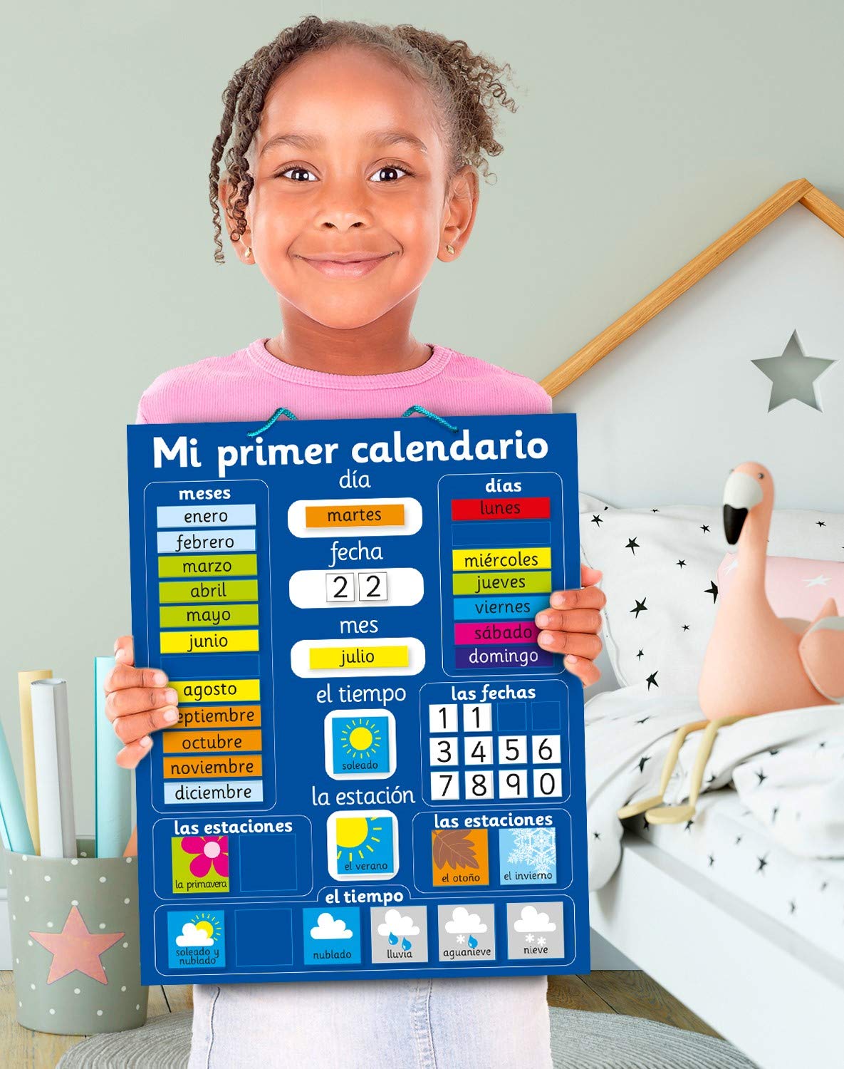 Fridge Magic Calendrier magnétique interactif pour Enfants - Bleu - Outil éducatif Amusant pour Le Temps, Les Saisons et la Conscience du Climat - 40 x 32 cm avec poignée pour accrocher