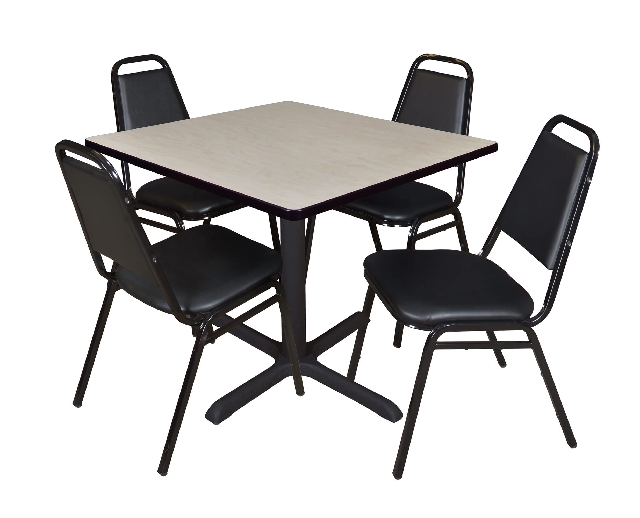 Romig Pillar 42 in. Square X-Base Breakroom Table- Maple &amp; 4 Restaurant Stack Chairs- Black
