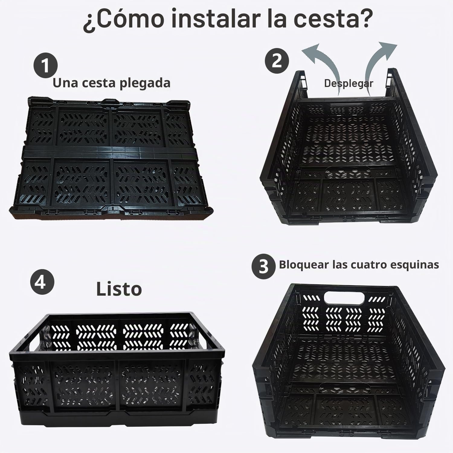Cajas de almacenamiento de plástico plegables para el hogar, cocina, oficina, alimentos, frutas, verduras, aperitivos, botellas, juguetes, despensa (4 unidades)