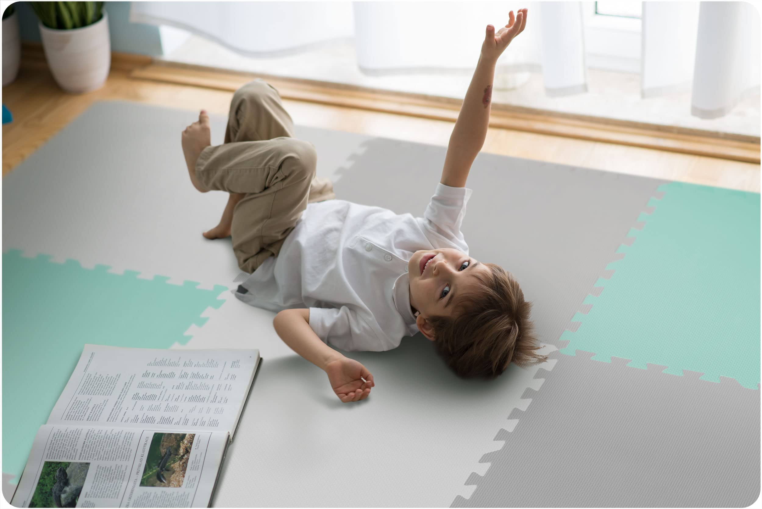 Ricokids Mata Piankowa Podłogowa Antypoślizgowa dla Dzieci Puzzle 9 Elementów 180 x 180 x 1 cm Szary Biały Zielony