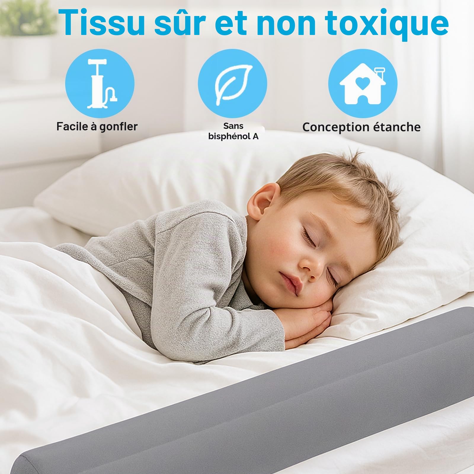 Lot de 2 barrières de lit gonflables pour enfant - Avec pompe et sac - Protection de lit portable pour les tout-petits - Voyage et maison - Gris