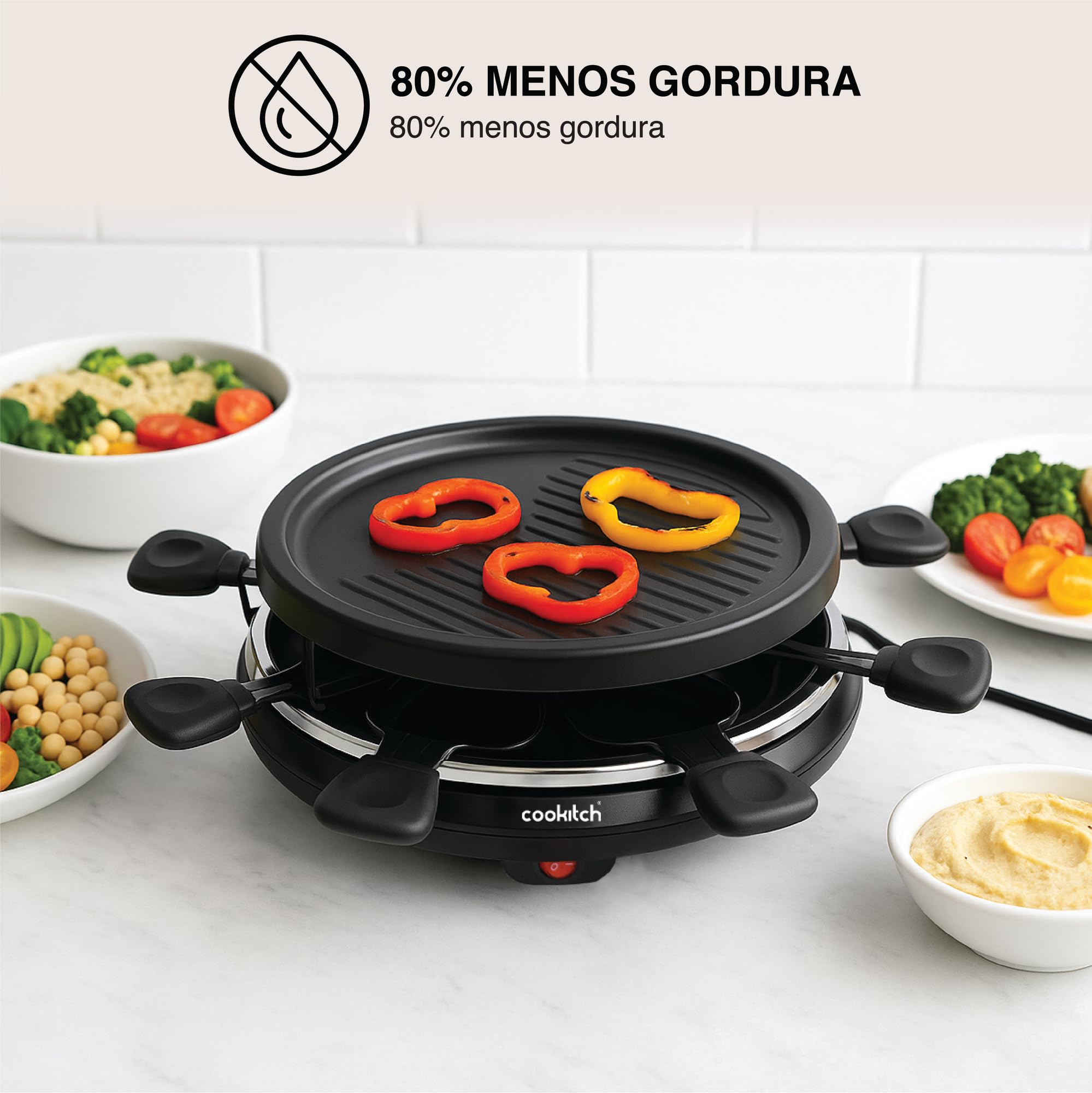 Raclette 8 Personas - Plancha Redonda Grill Antiadherente y 8 Sartenes, Parrilla eléctrica para asar Carne, Verduras y fundir Queso
