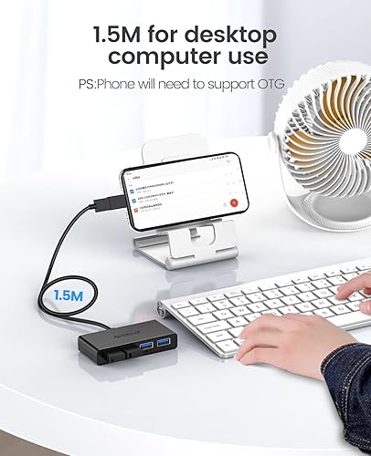 Miniatura 5 de ORICO Concentrador USB 3.0 de 4 puertos, concentrador USB 3.0 con puerto de fuente de alimentación carga no compatible, cable de datos de 5 pies