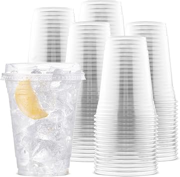 Durameg [100 Count - 16 oz. Crystal Clear PET Plastic Disposable Cups with [Sip-Thru Lids]